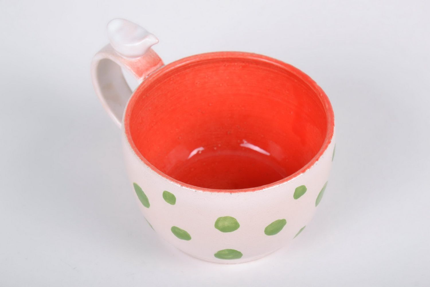 Large coffee 8 oz cup with handle and white, orange, and lime dots pattern photo 4
