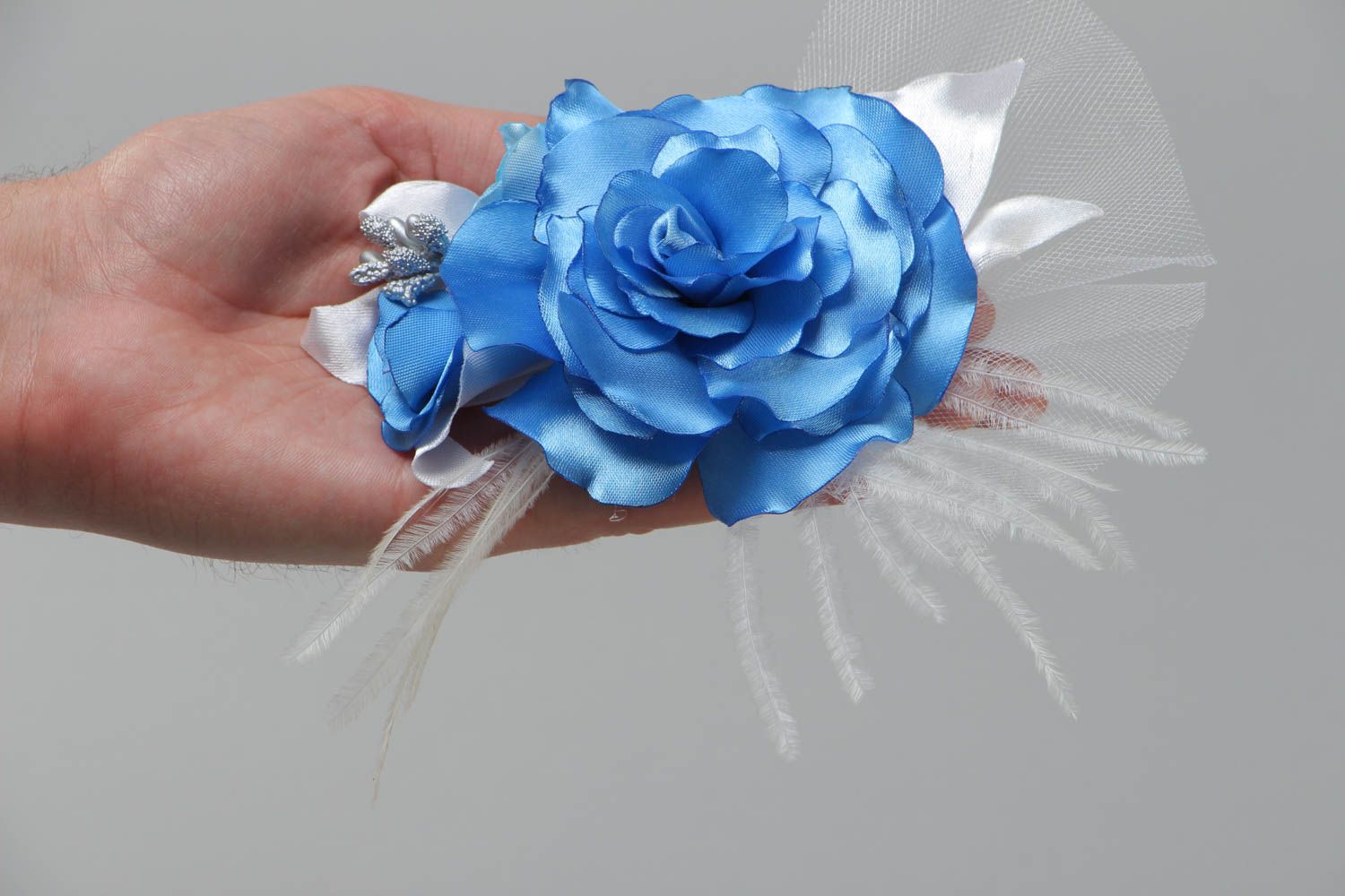Handmade decorative hair clip with large volume bright blue satin flower photo 5