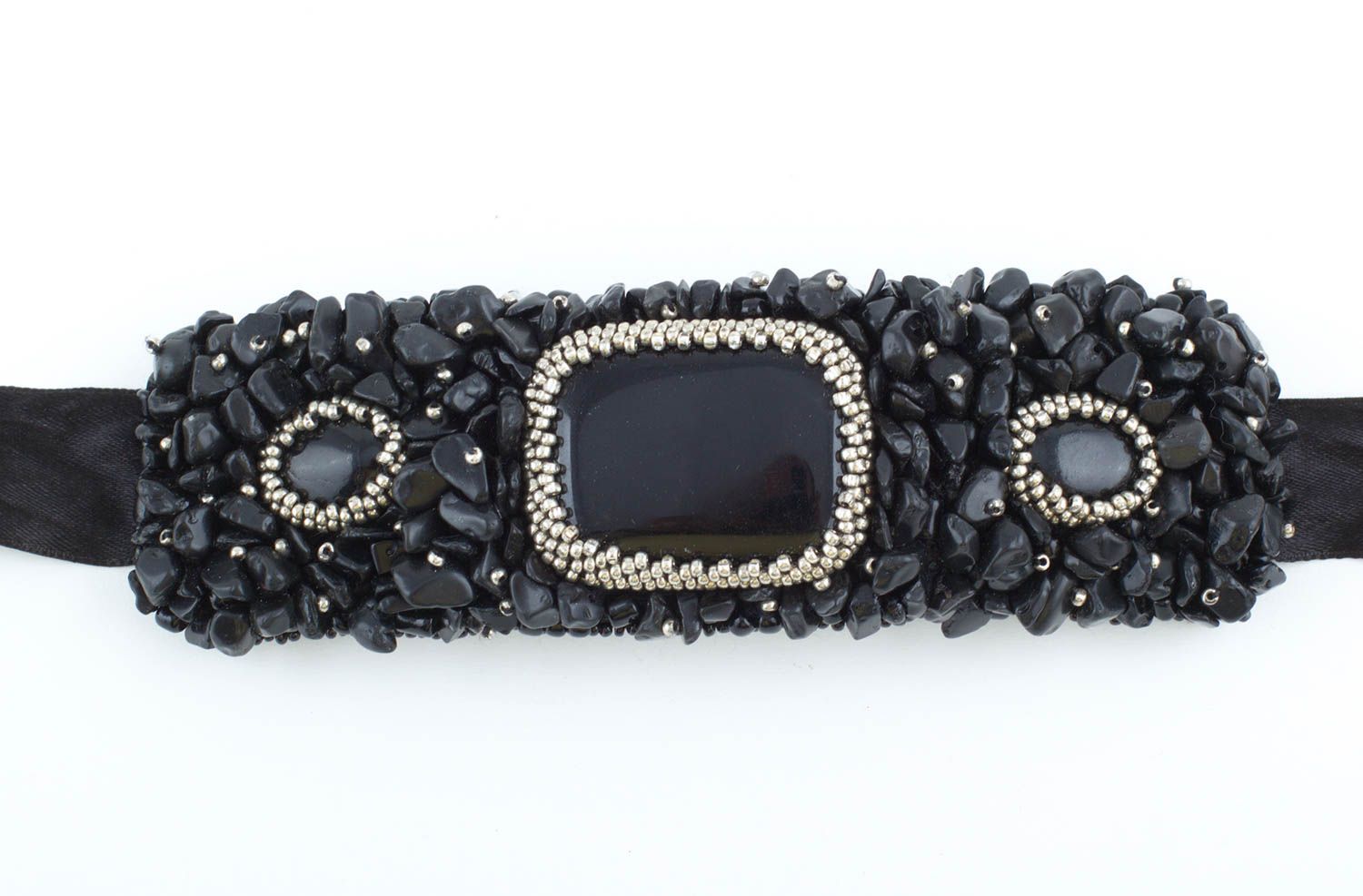 Bracelet large noir Accessoire fait main agate perles de rocaille Cadeau femme photo 3