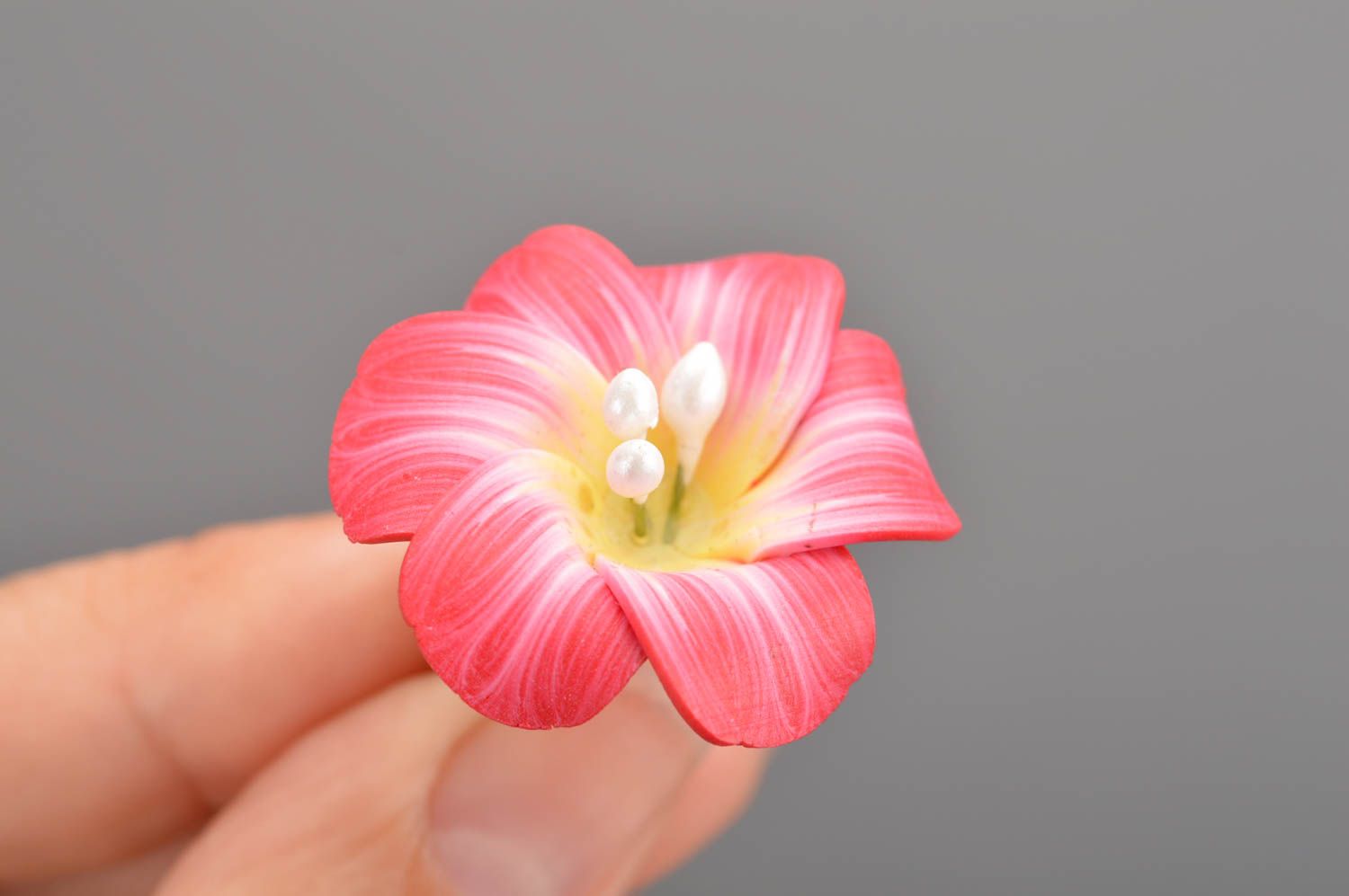 Handmade designer women's seal ring with bright pink polymer clay volume flower photo 2