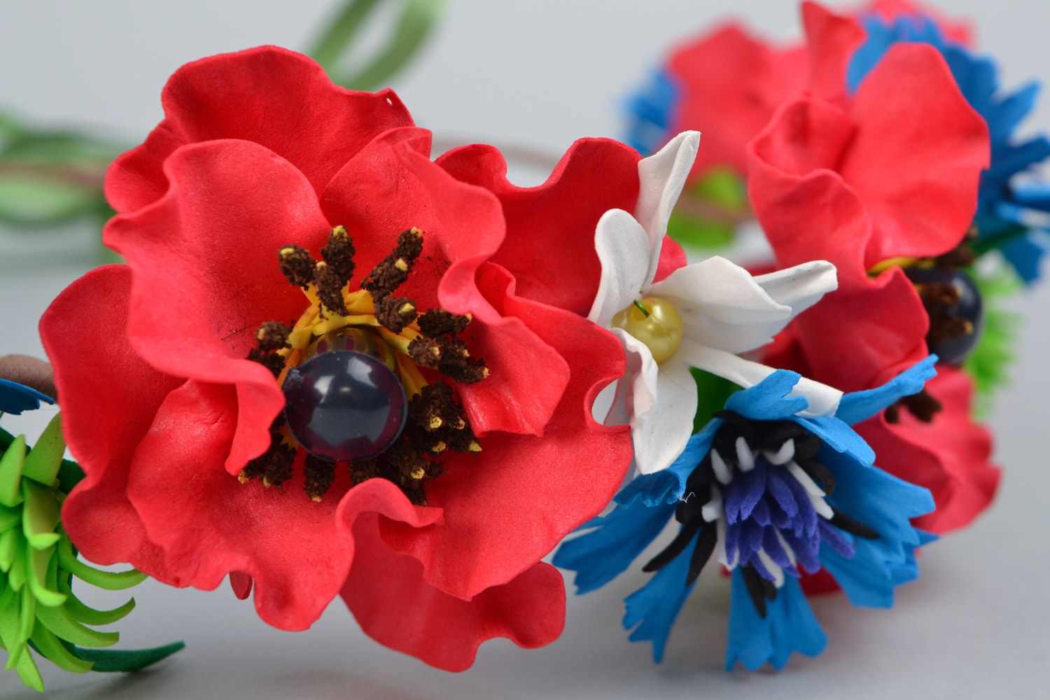 Handmade headband with artificial plastic suede flowers Red Poppies photo 3