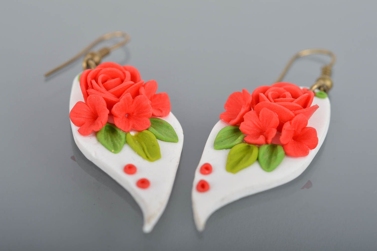 Long red-white handmade polymer clay earrings for stylish ladies photo 2