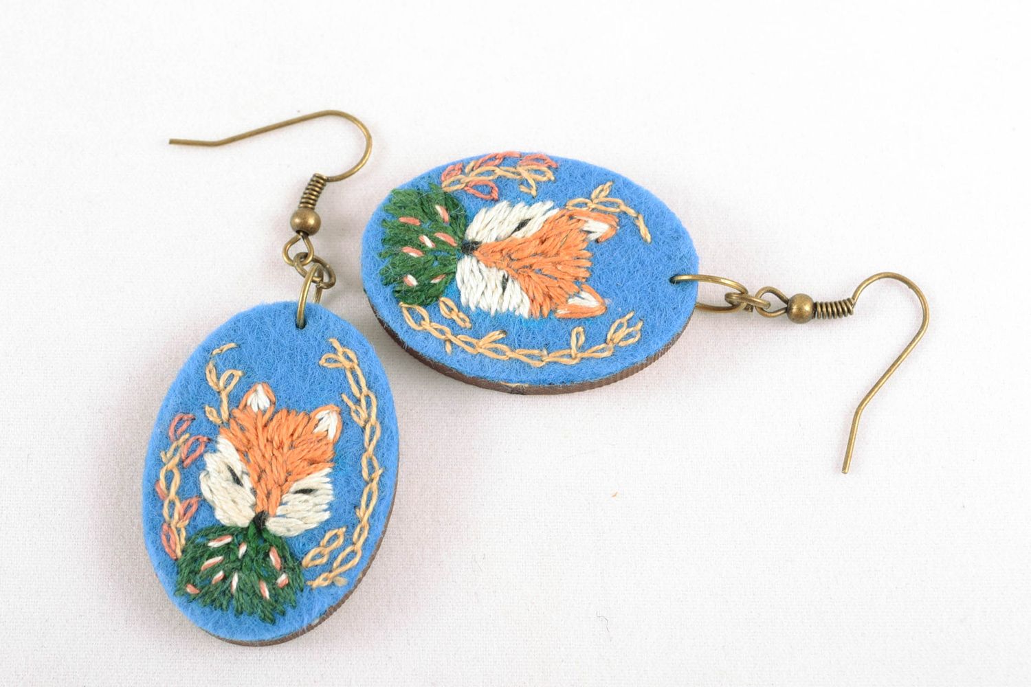 Oval wooden earrings with satin stitch embroidery photo 3