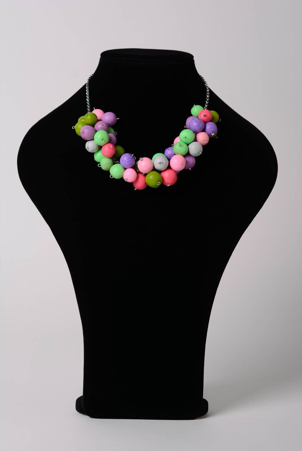 Handmade summer colorful polymer clay bead necklace on metal chain for women photo 2