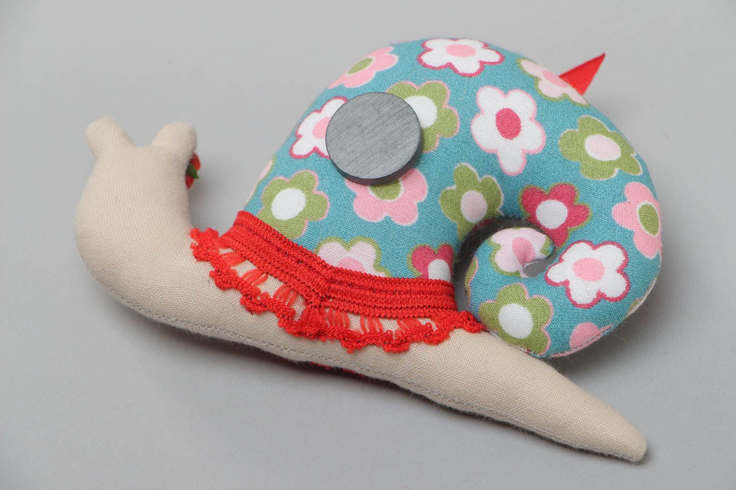 Handmade soft toy fridge magnet colorful snail with red lace sewn of cotton photo 4