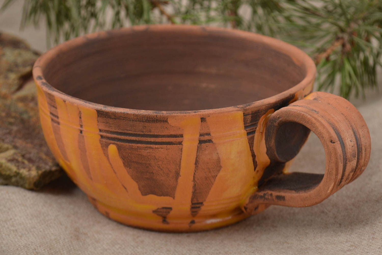 Mexican clay coffee drinking cup with handle in brown color 0,4 lb photo 1