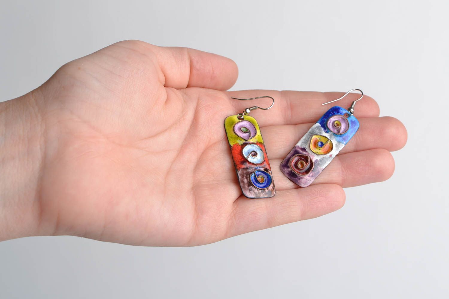 Long rectangular handmade copper dangling earrings painted with colorful enamel photo 2