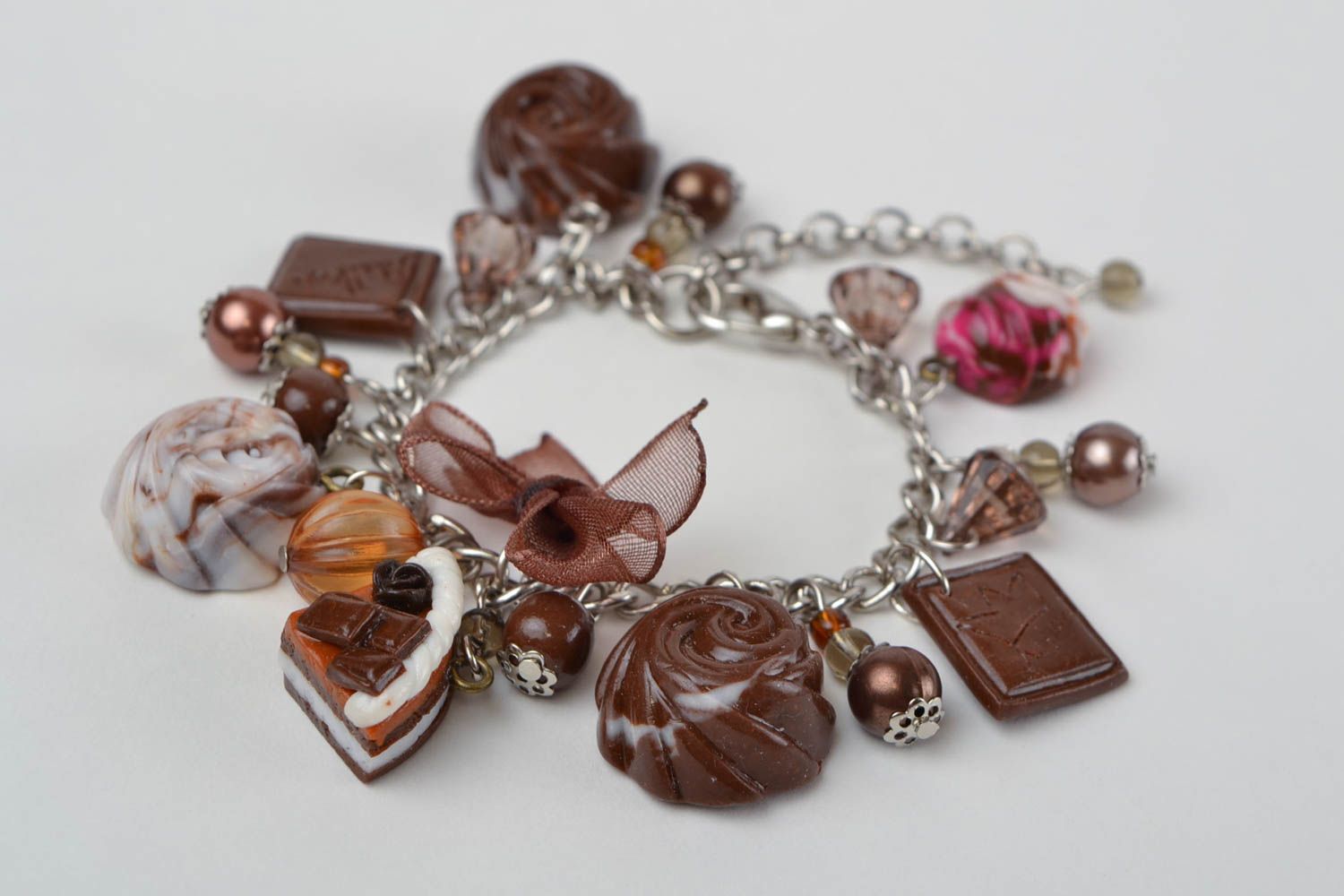 Beautiful handmade designer metal bracelet with polymer clay charms Sweets photo 1