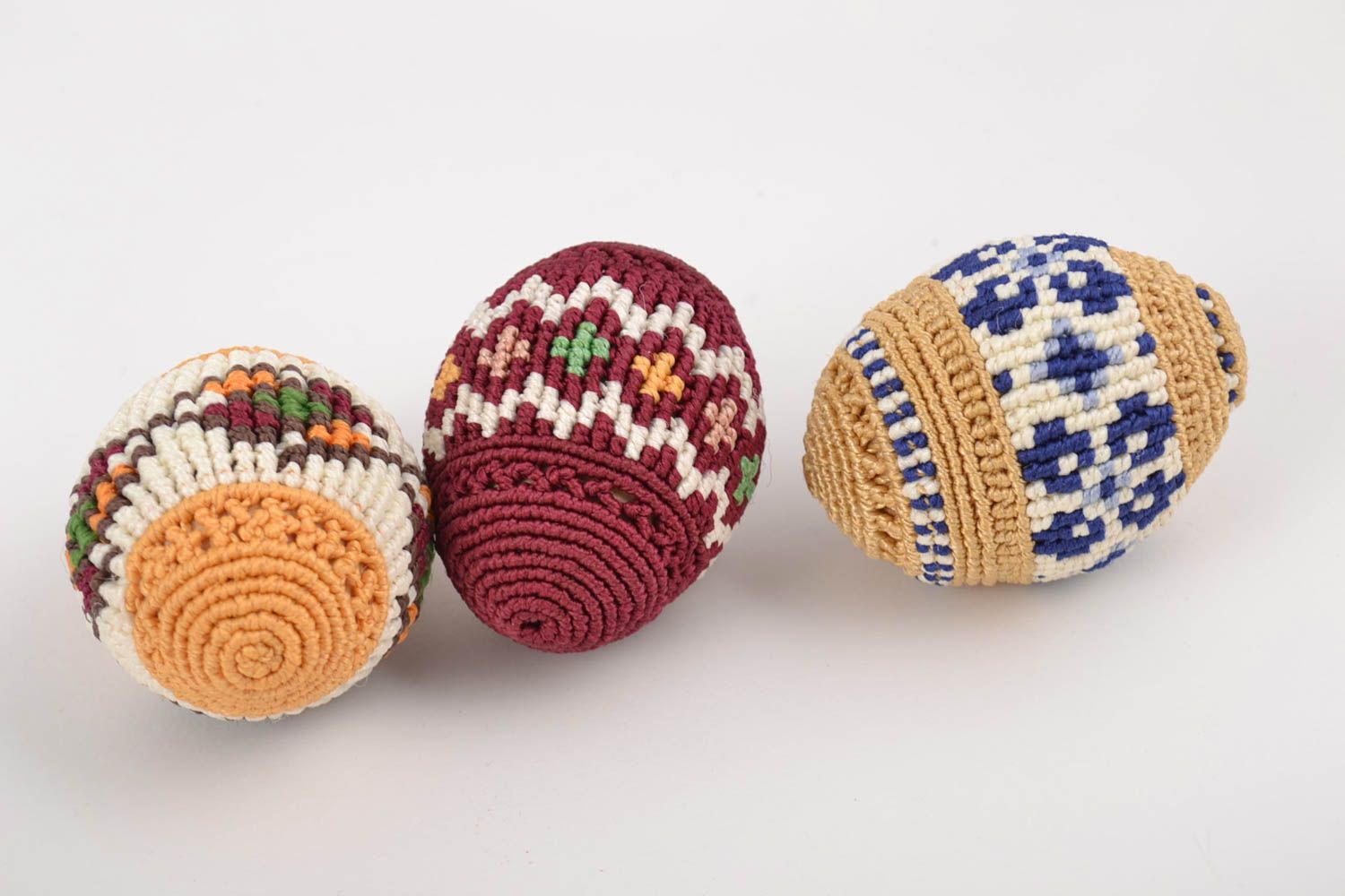Set of 3 handmade designer macrame woven Easter eggs with colorful ornaments photo 4