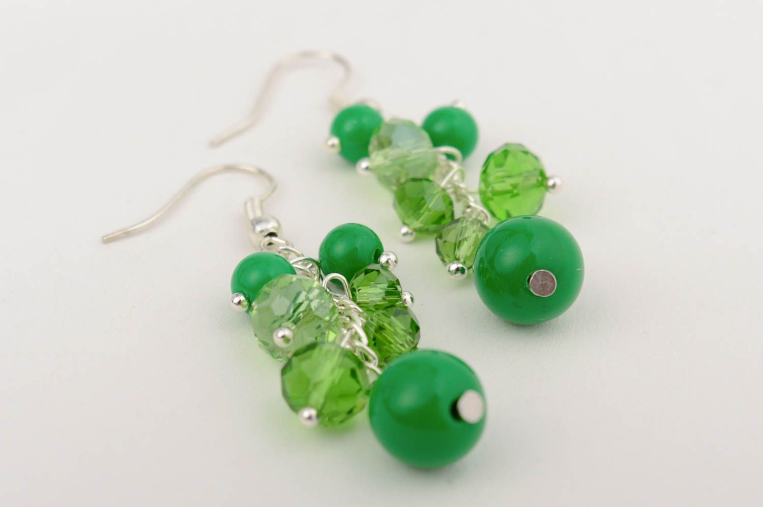 Handmade designer long dangle earrings with green plastic and crystal beads photo 2