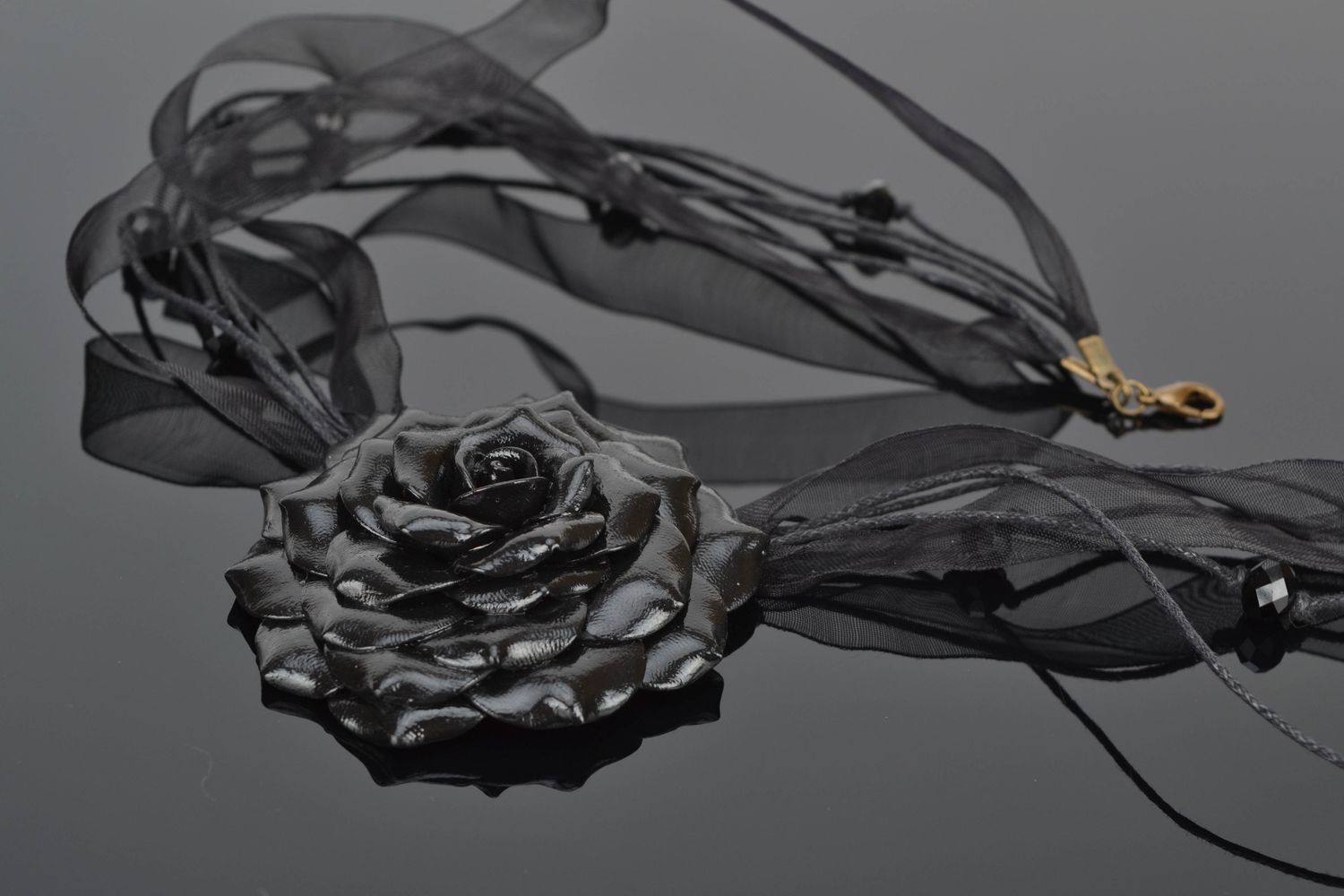 Polymer clay neck pendant with organza Black Rose photo 1