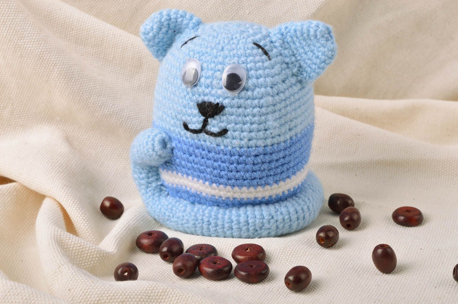 Handmade soft toy crocheted of semi cotton threads blue kitten for children photo 1