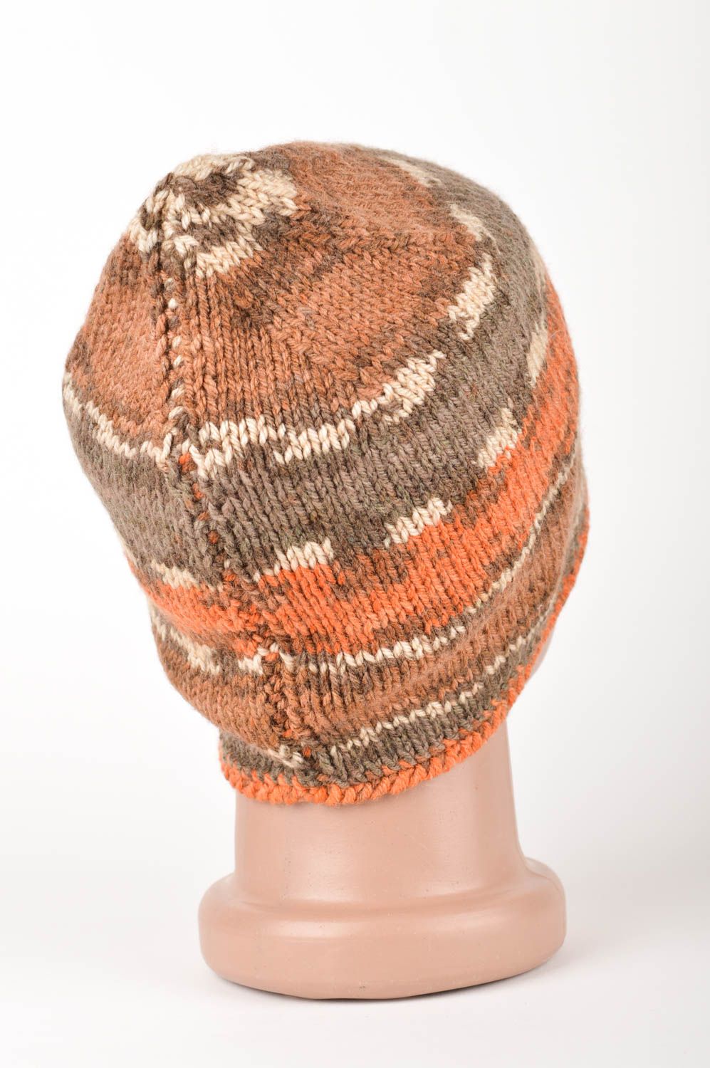 Вязаная шапка ручной работы зимняя шапка трехцветная вязаная шапочка шерстяная фото 5