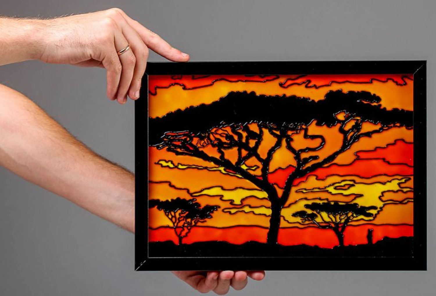 Stained glass picture in wooden frame Savanna photo 3