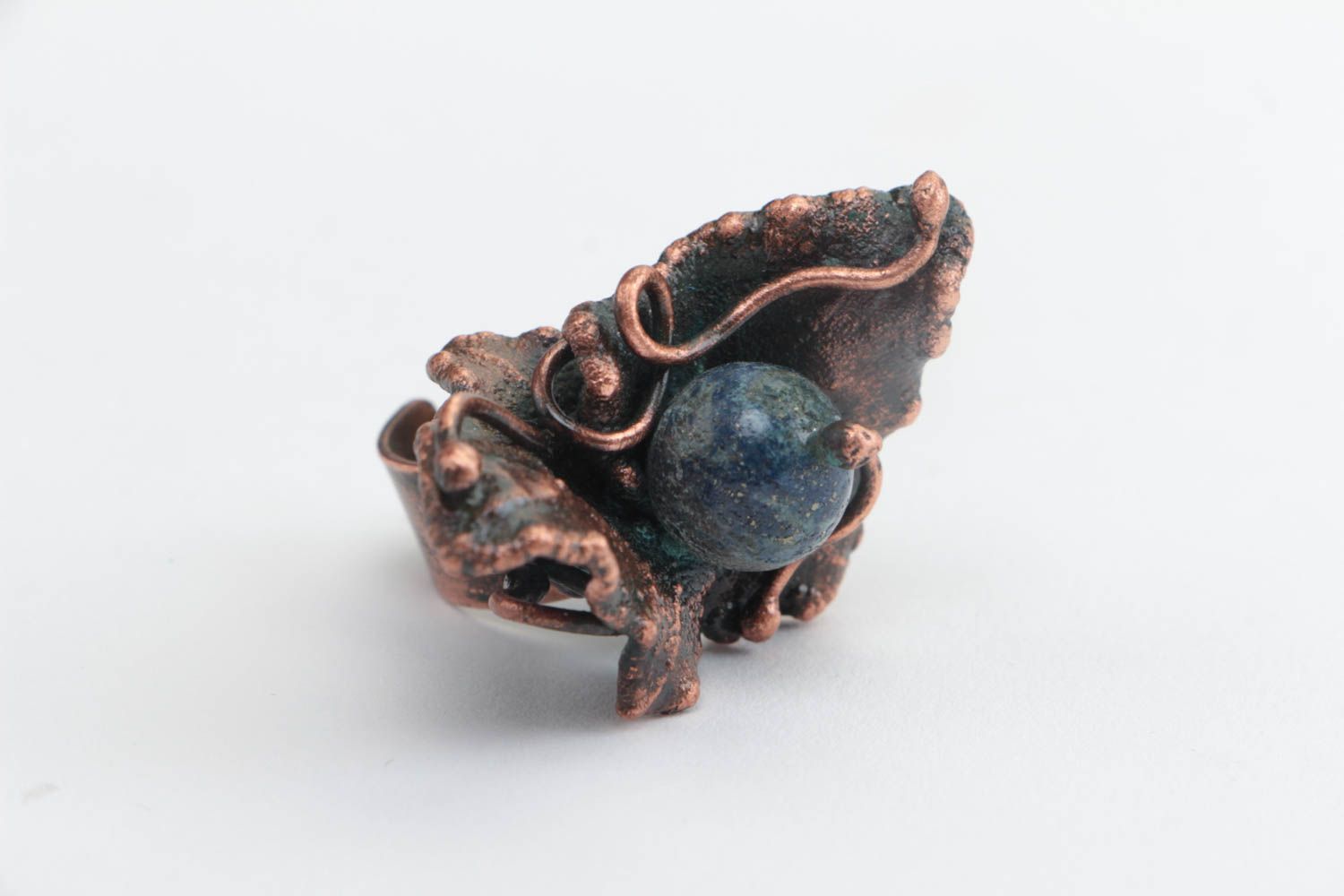 Handmade designer massive adjustable copper ring with natural lazuli stone  photo 2