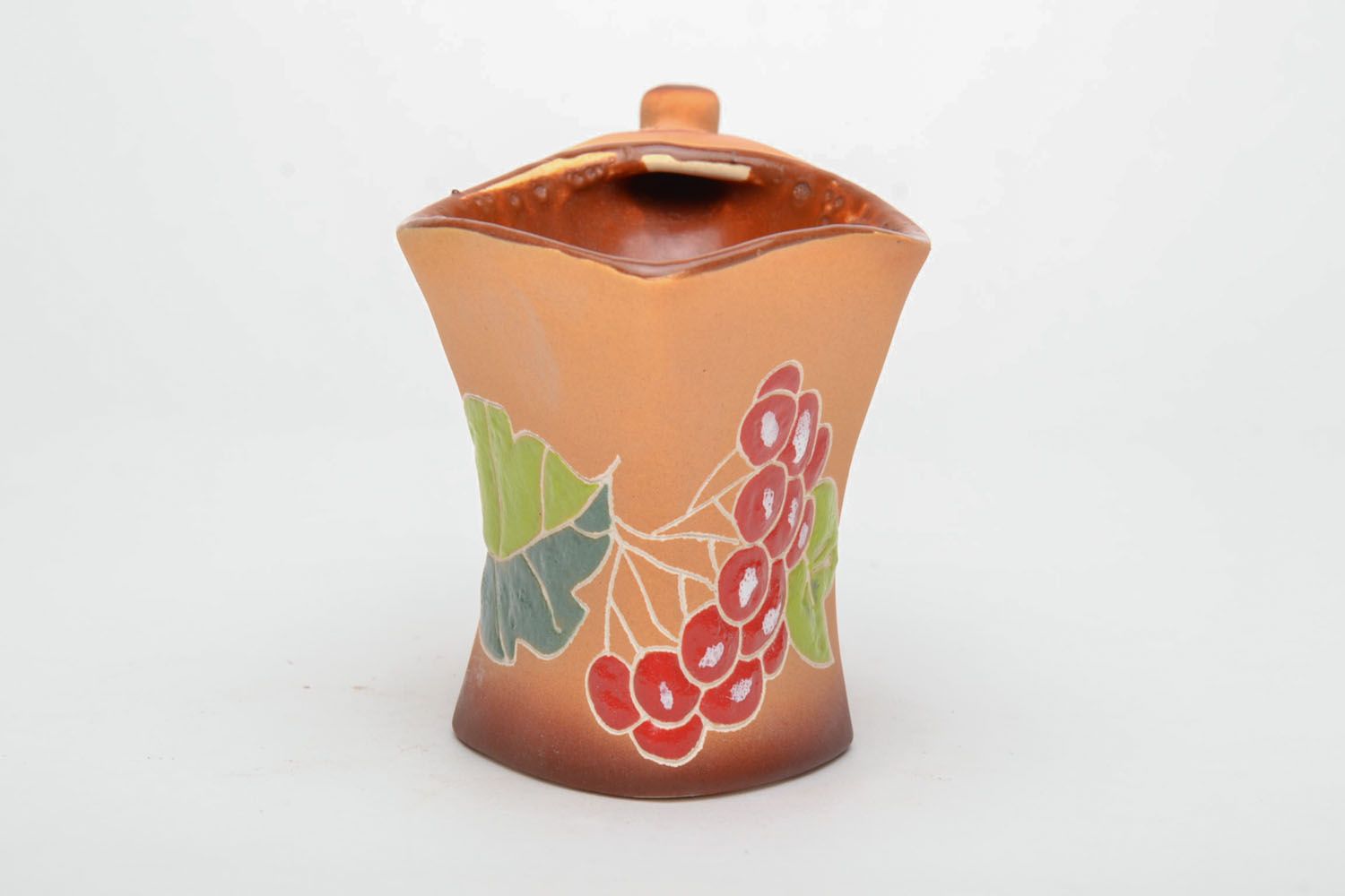 Handmade glazed clay coffee cup with a wide handle and red floral pattern 0,63 lb photo 3