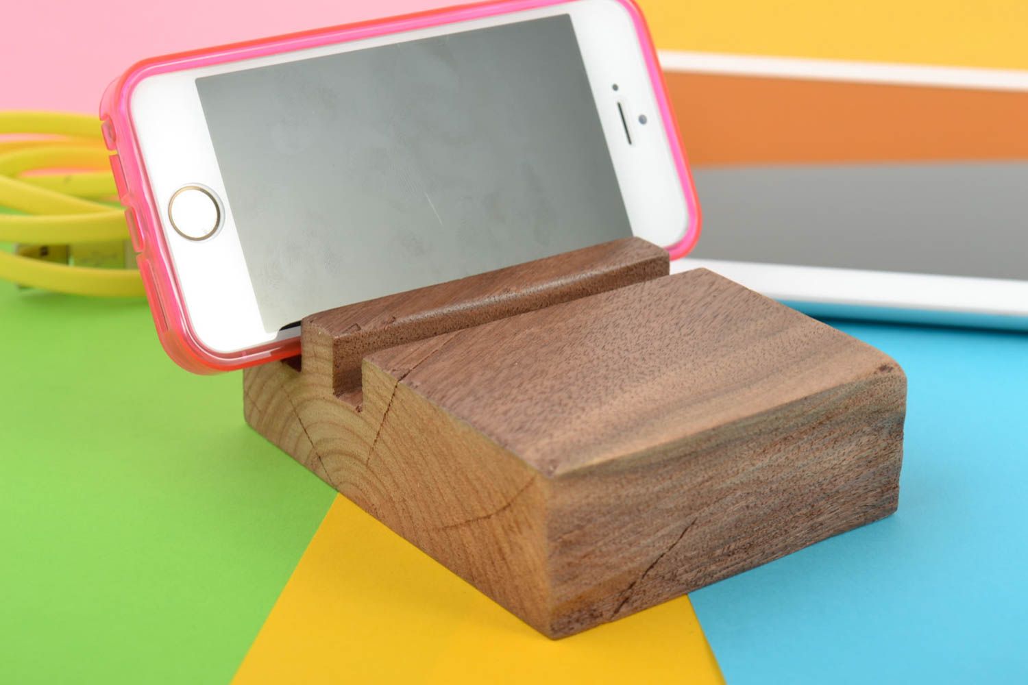 Designer eco friendly wooden varnished phone holder handmade stand for gadget photo 1