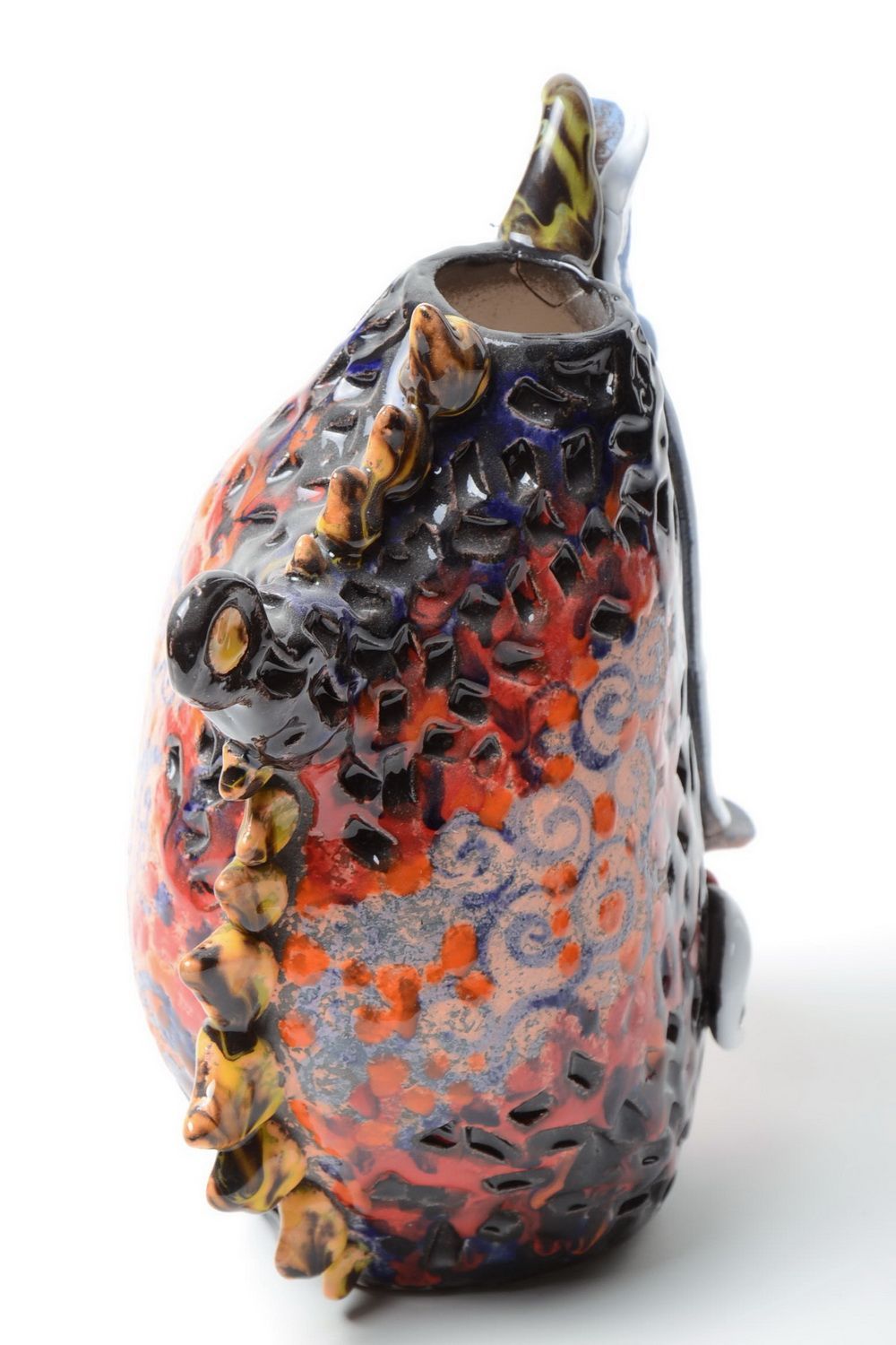 Ton Vase handmade in Form vom Fisch mit Pigmenten bemalt 1.8 L Künstlerarbeit foto 3