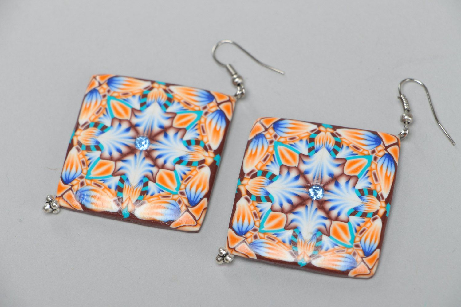 Handmade colorful designer square earrings made of polymer clay gift for girl photo 2