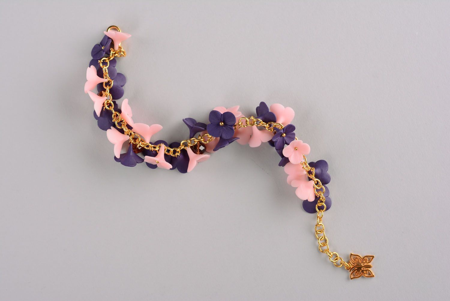 Charm bracelet with dark blue and pink field flowers for girls photo 2