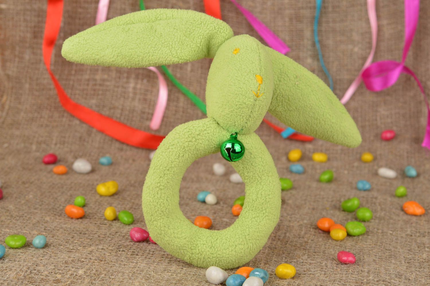 Fabric handmade soft toy light green rabbit with bells present for newborn baby photo 1