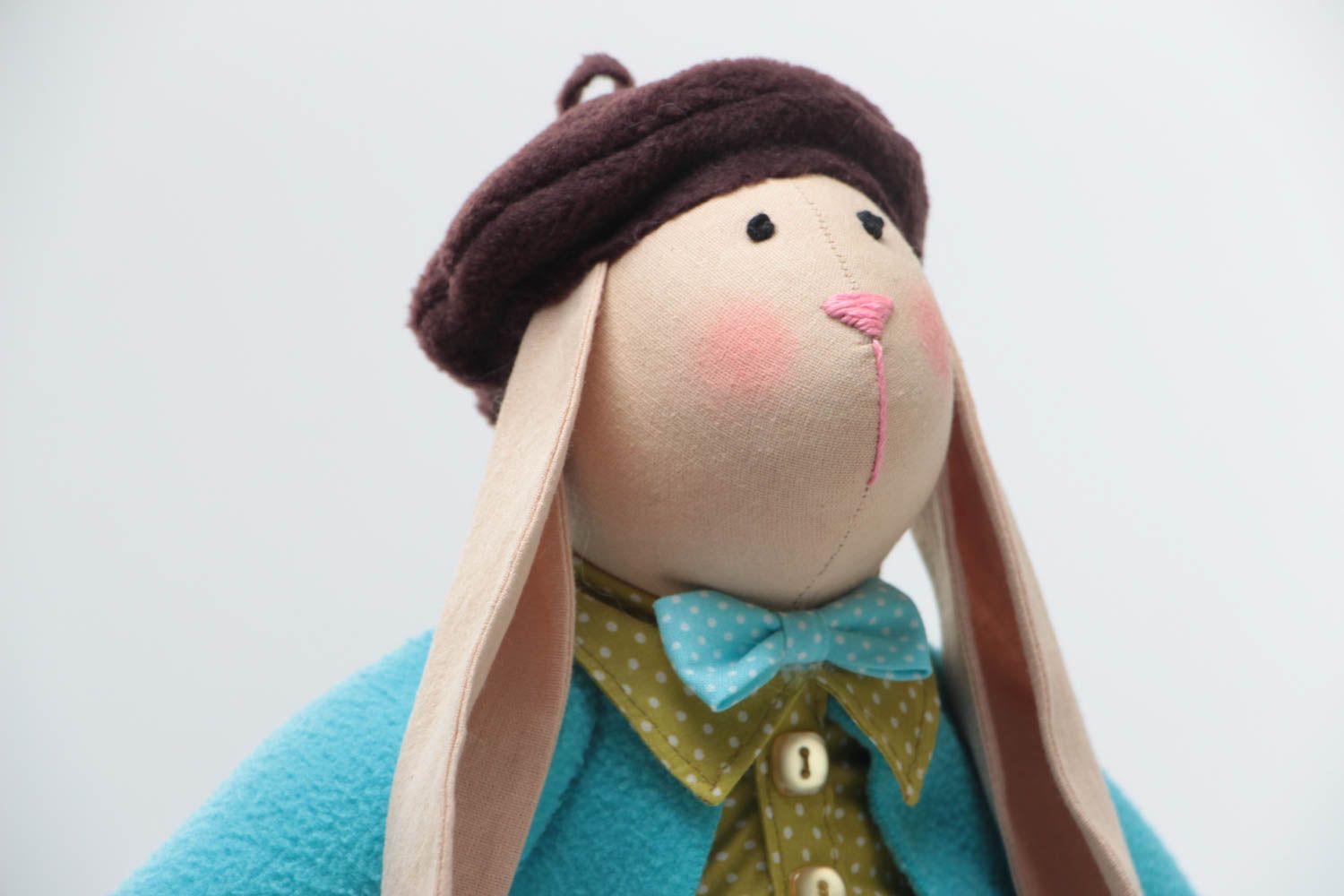 Handmade designer fabric soft toy stylish rabbit in blue jacket and green shirt photo 3