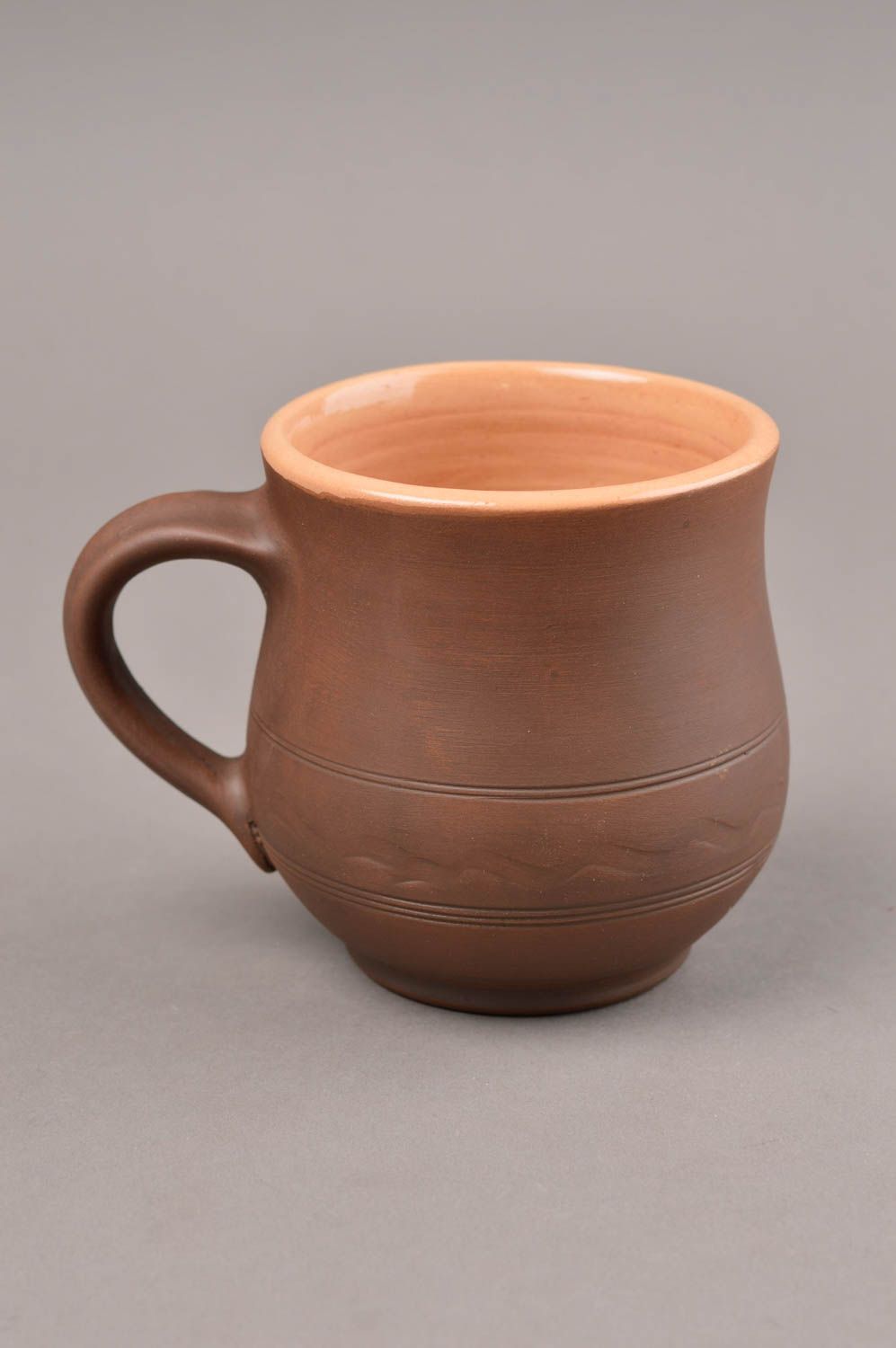 8 oz brown glazed coffee cup in pot shape with handle and classic rustic pattern photo 7