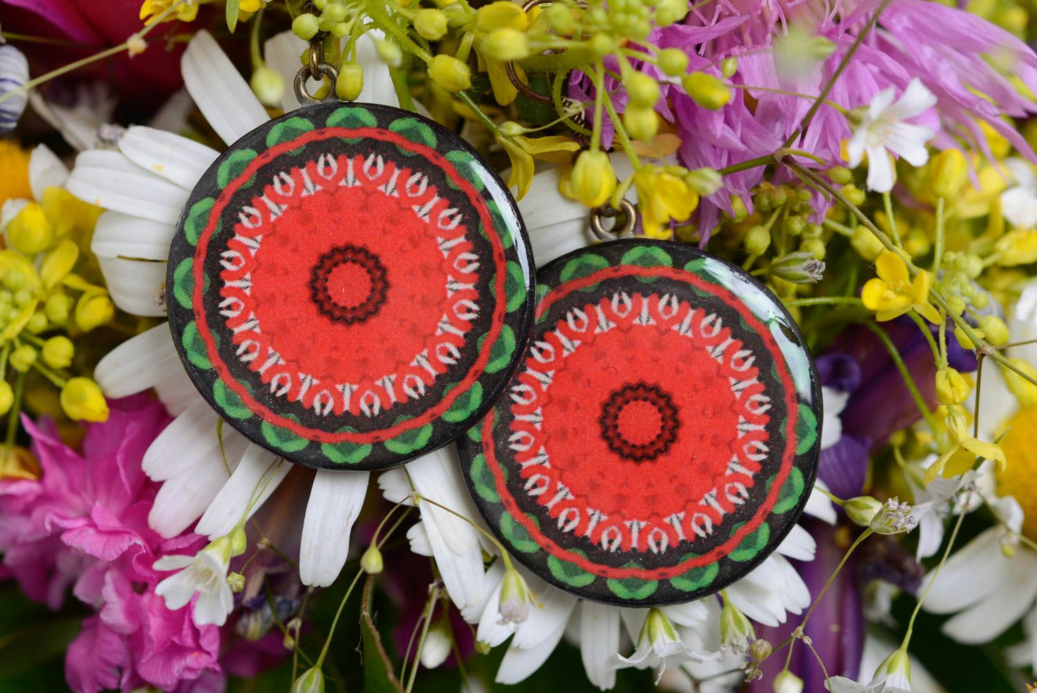 Red round handmade polymer clay earrings decorated with decoupage photo 1