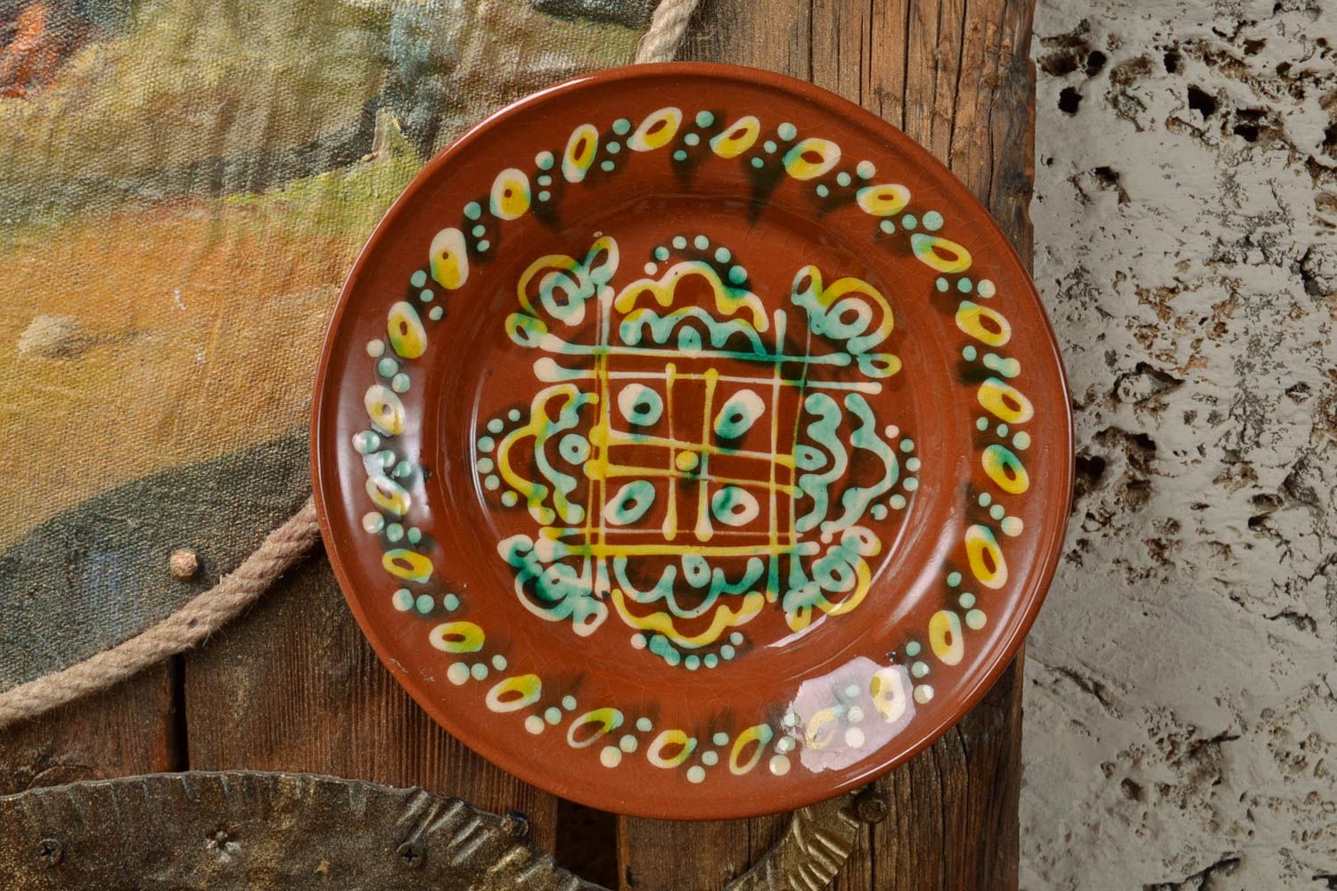 Handmade dekorativer Wandteller aus Ton rund mit Glasur bemalt schön Ethno Stil foto 1