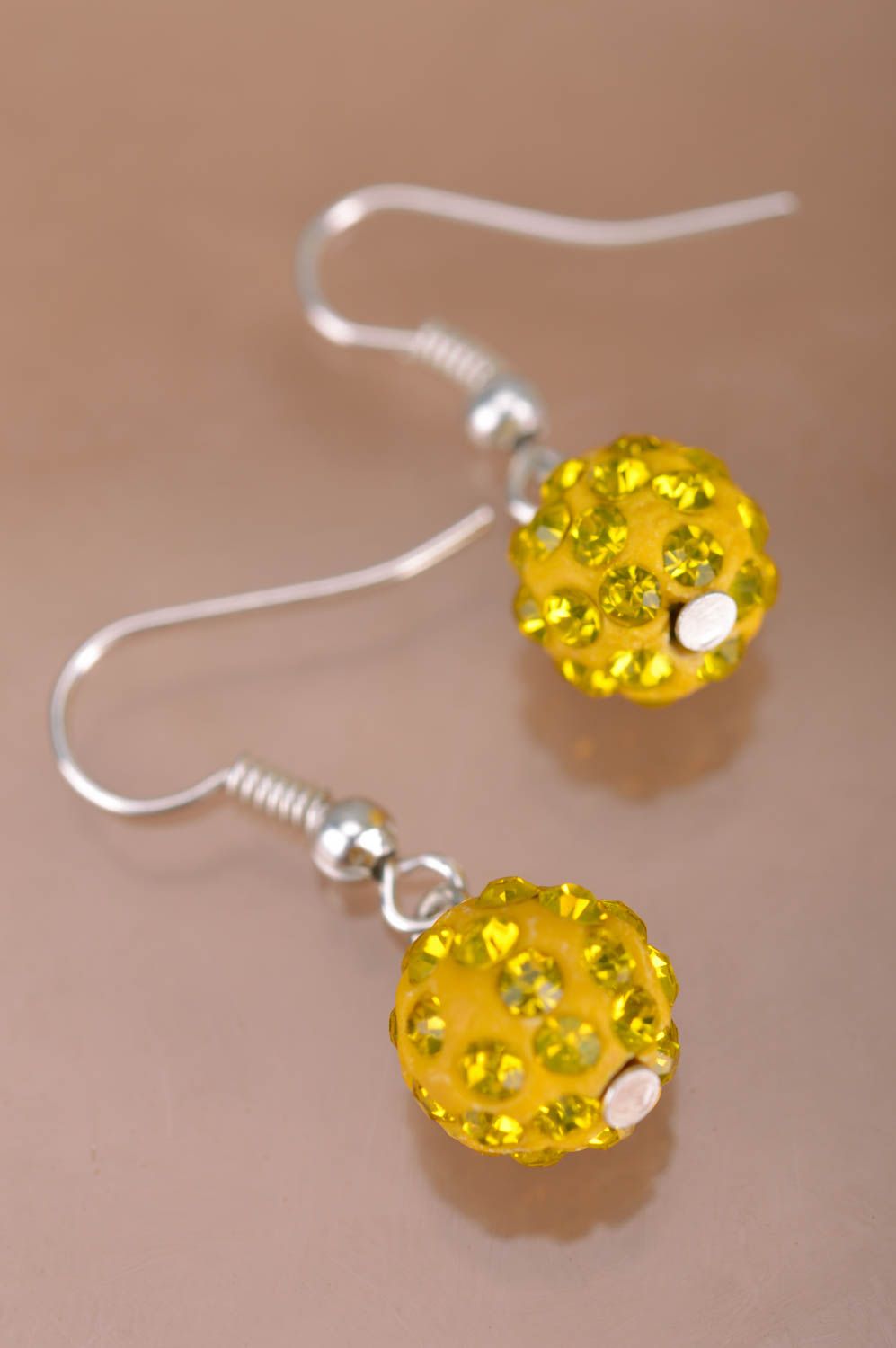 Handmade designer earrings with bright yellow beads with rhinestones fashionable photo 5
