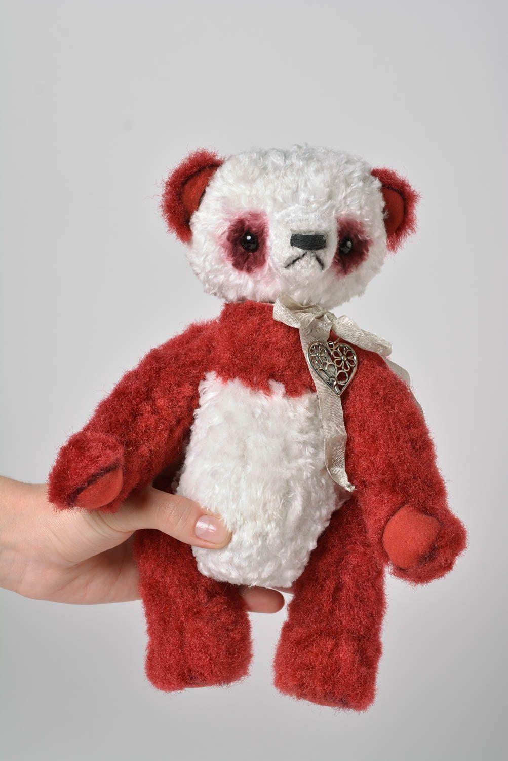 Peluche ours panda rouge-blanc Jouet fait main peluche coton Cadeau enfant photo 2