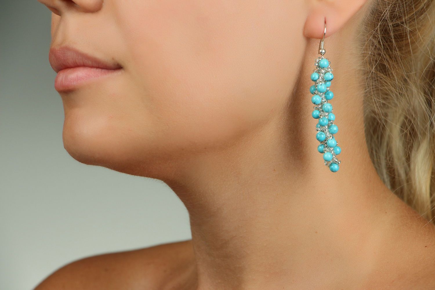 Long earrings made of beads with turquoise photo 5