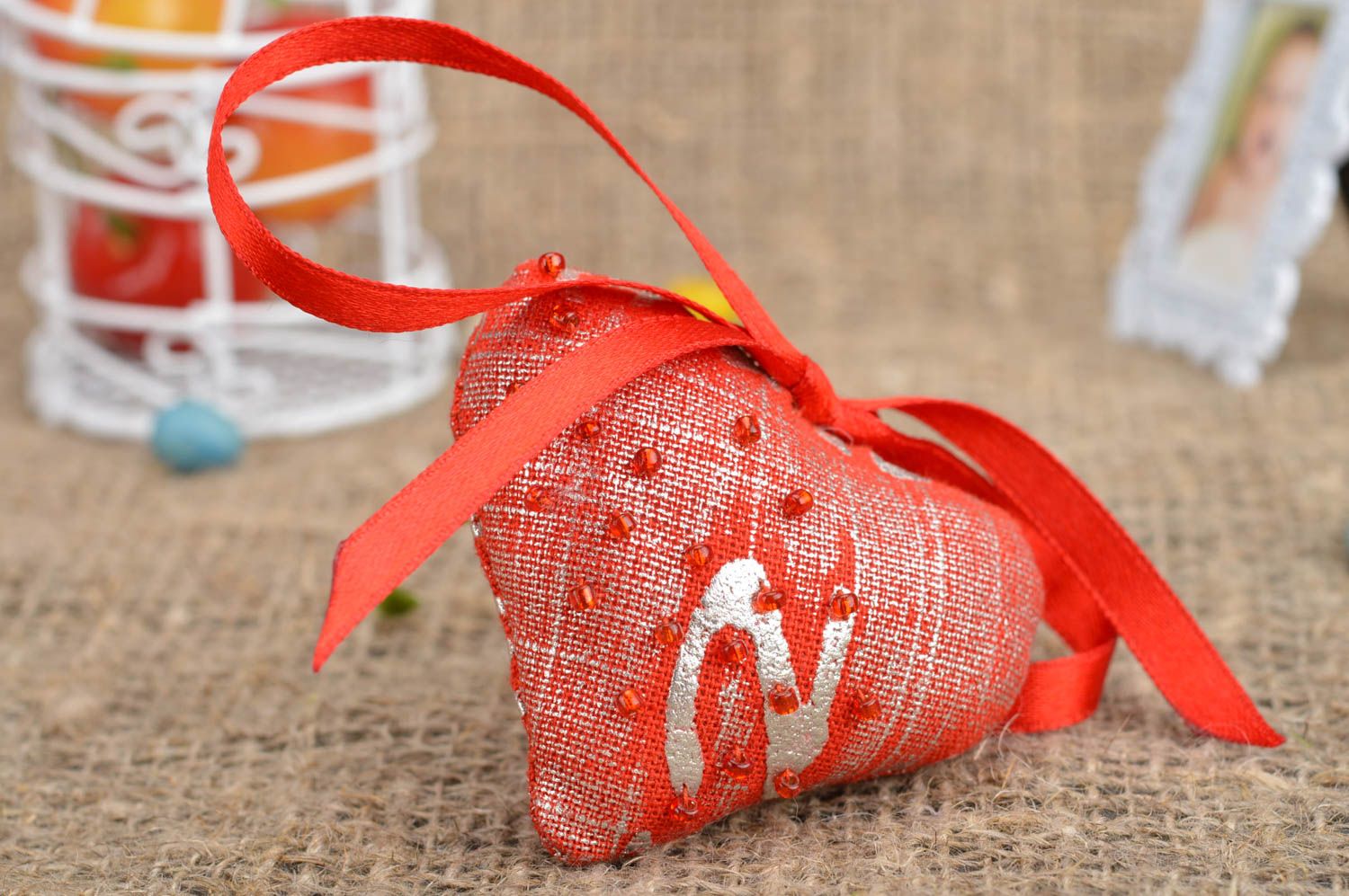 Handmade Deko Anhänger Dekohänger Herz Haus Dekoration aus Baumwolle rot foto 1