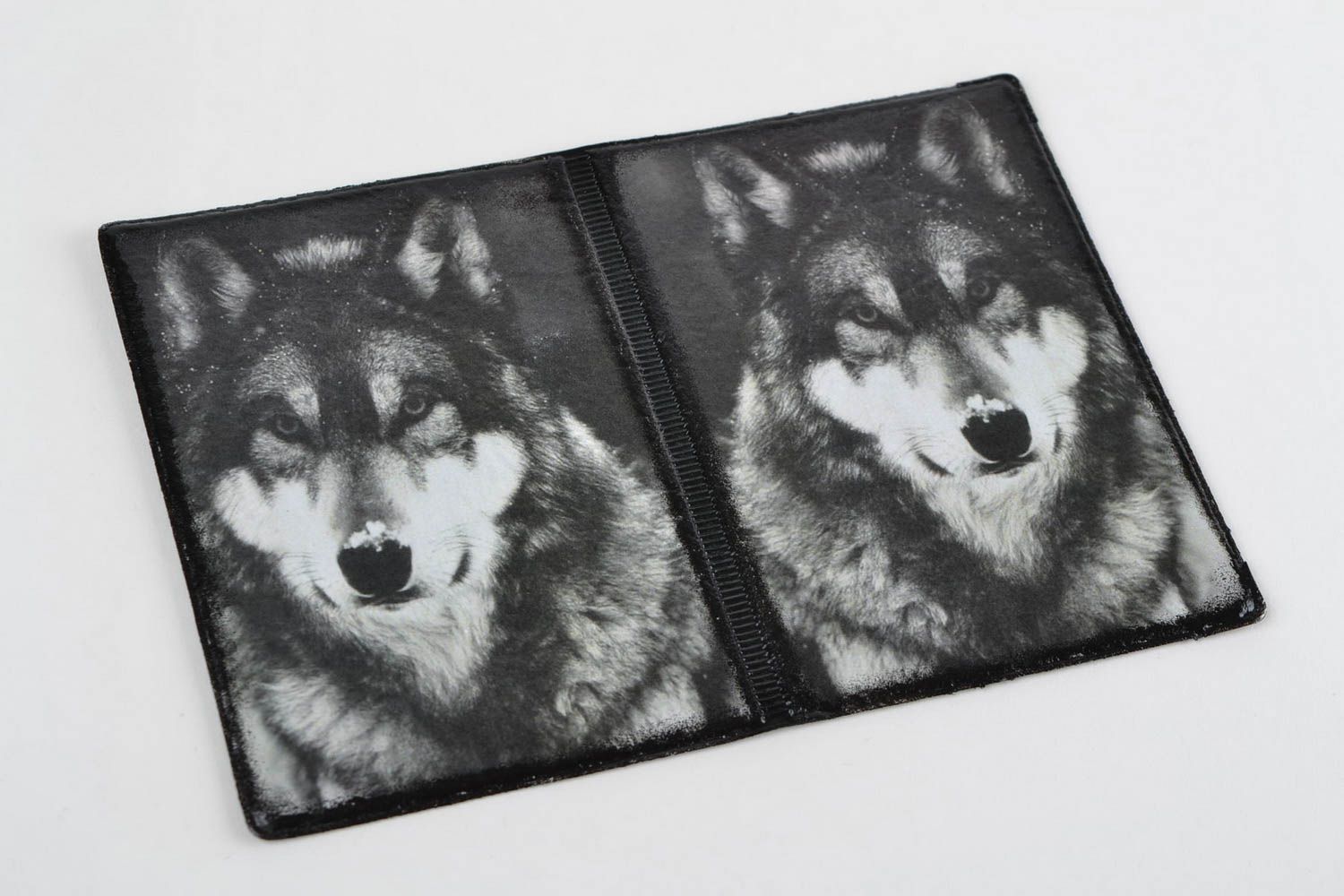 Handmade stylish faux leather passport cover with decoupage image of gray wolf photo 2