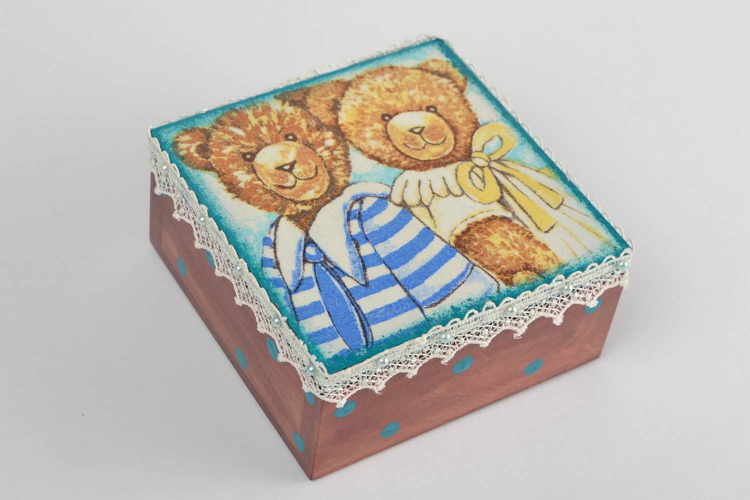 Handmade decorative wooden box with decoupage for needlework or jewelry Bears photo 3