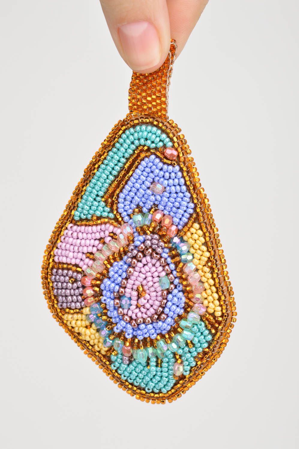 Handmade stylish massive beaded embroidered pendant summer colorful accessory photo 3