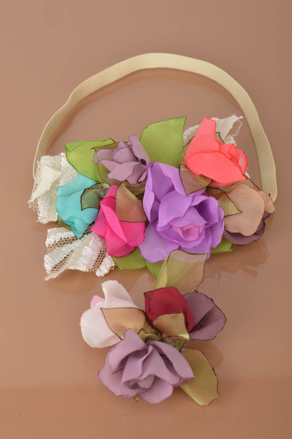 Set of flower accessories kanzashi brooch and a headband designer jewelry photo 5