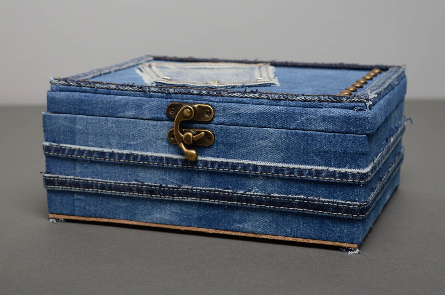 Unusual box for needlework fitted with denim fabric photo 1