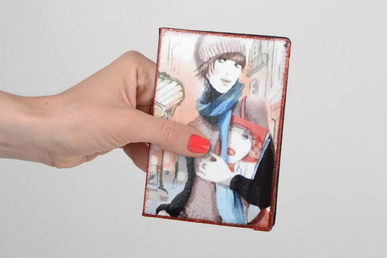 Grelle künstlerische handgemachte Decoupage Passhülle aus Kunstleder junge Frau foto 2