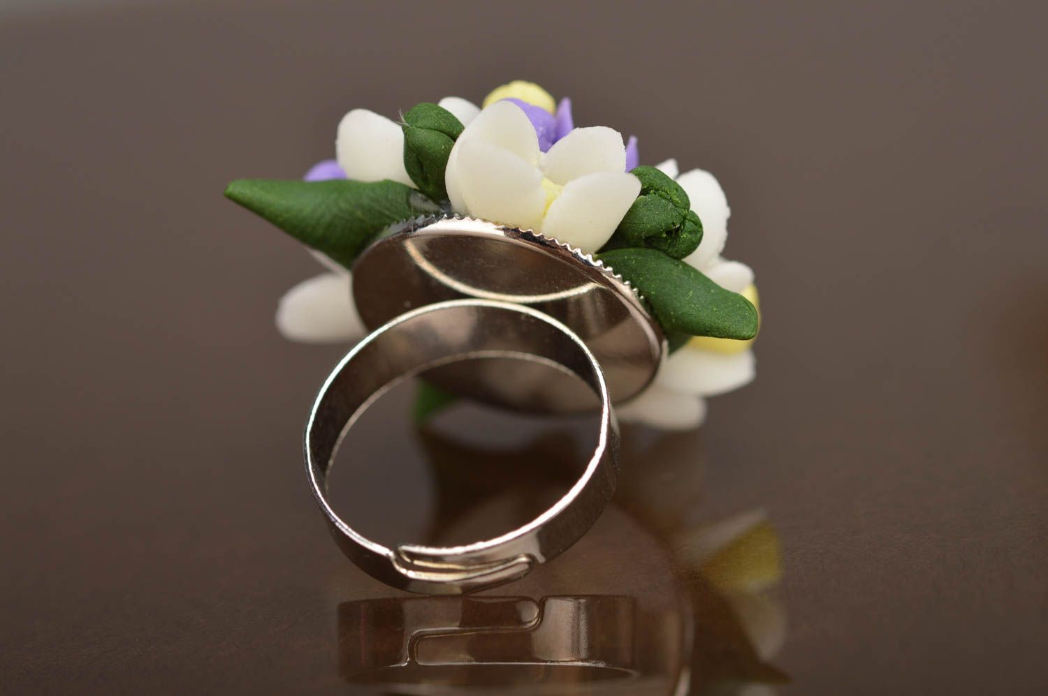 Unusual gentle beautiful handmade polymer clay flower ring designer jewelry photo 10