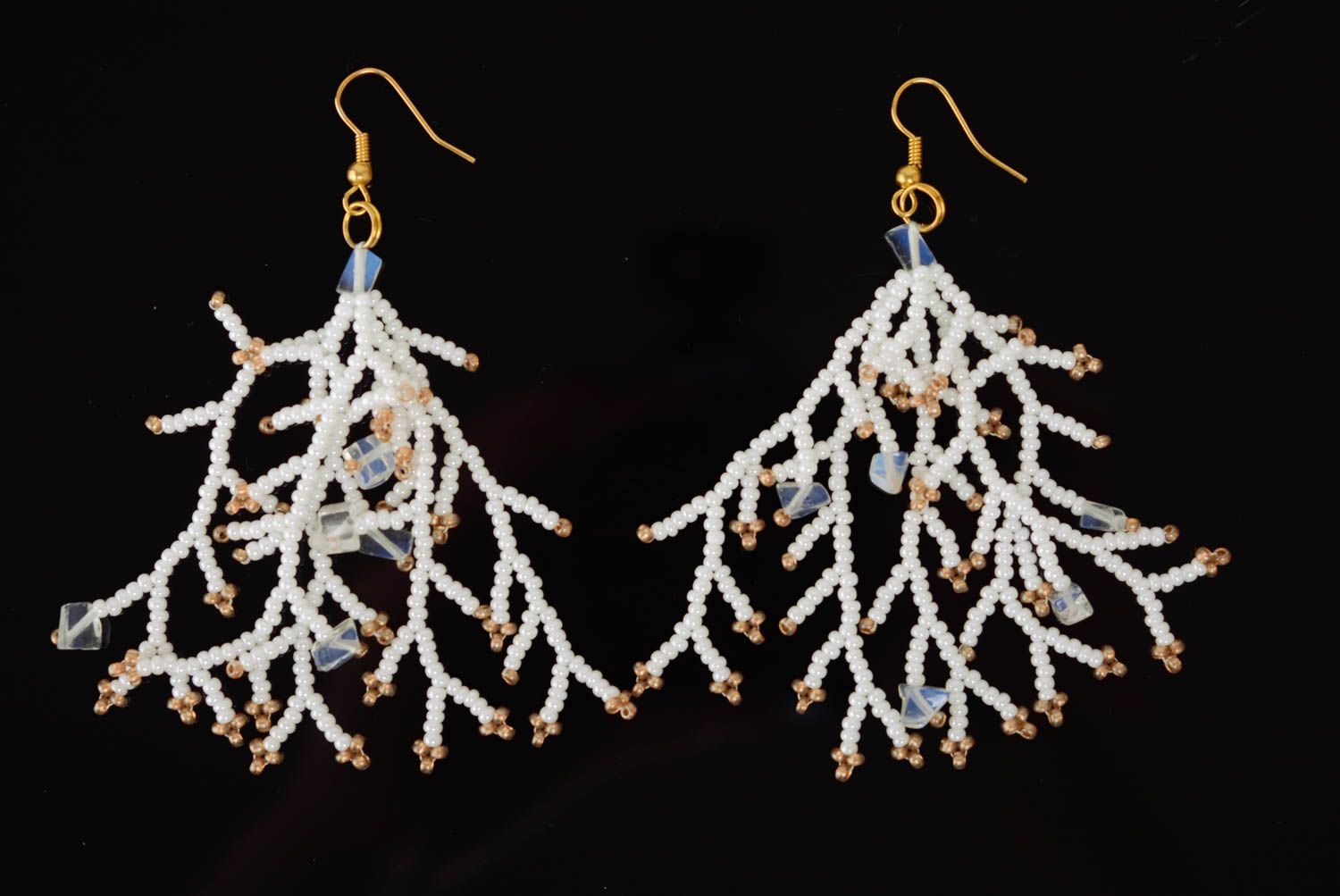 Handmade long dangling earrings woven of seed beads in the shape of branches photo 1