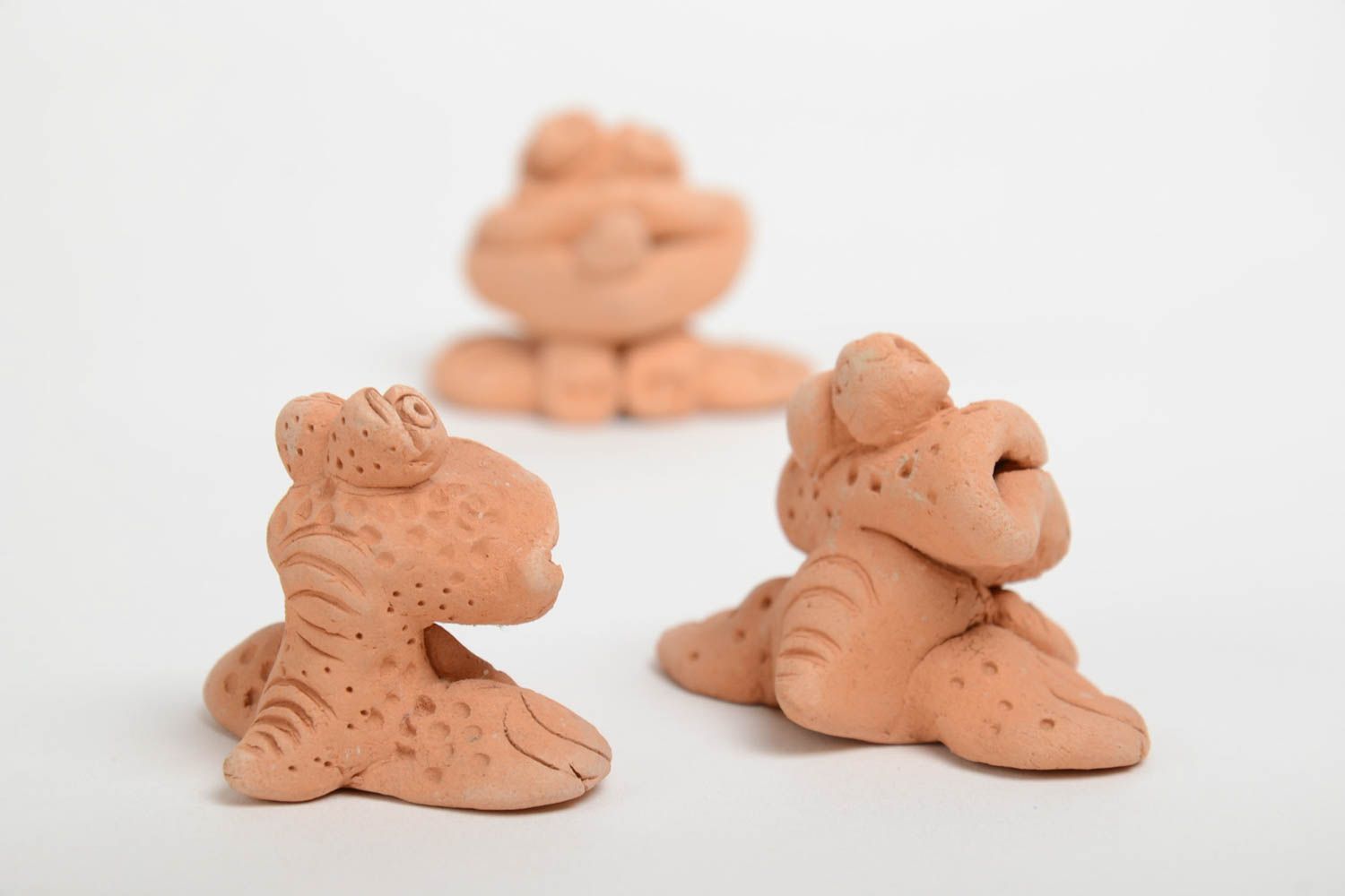 Small handmade funny clay statuettes set 3 pieces beige frogs photo 4