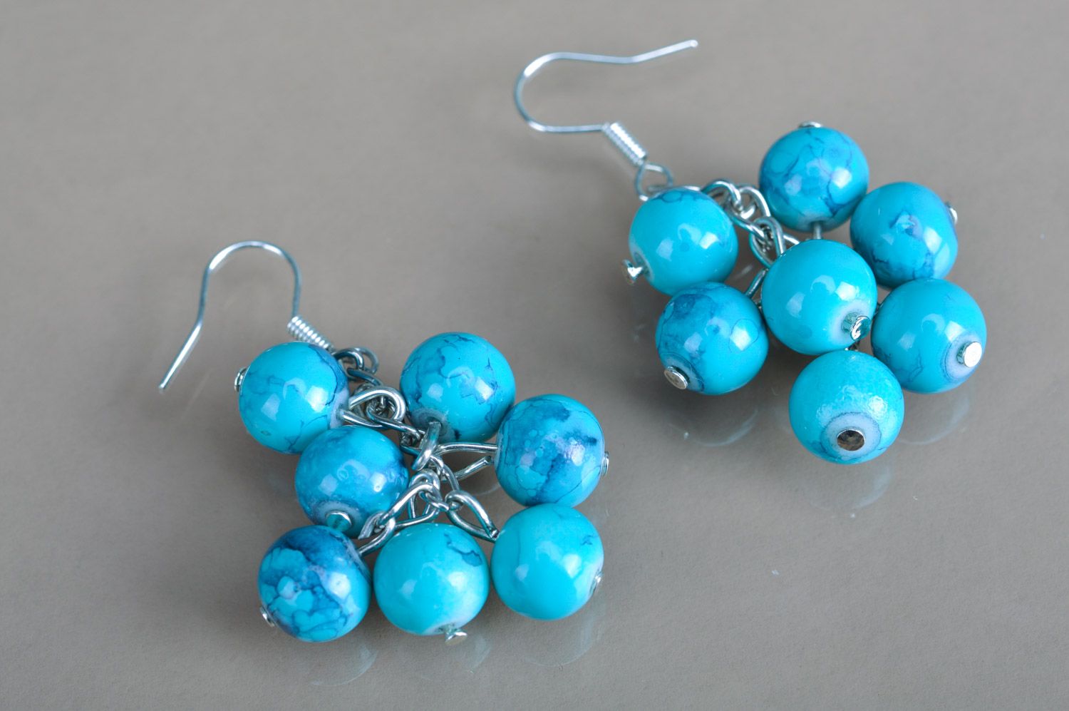 Handmade designer painted ceramic bead earrings in blue color palette photo 2