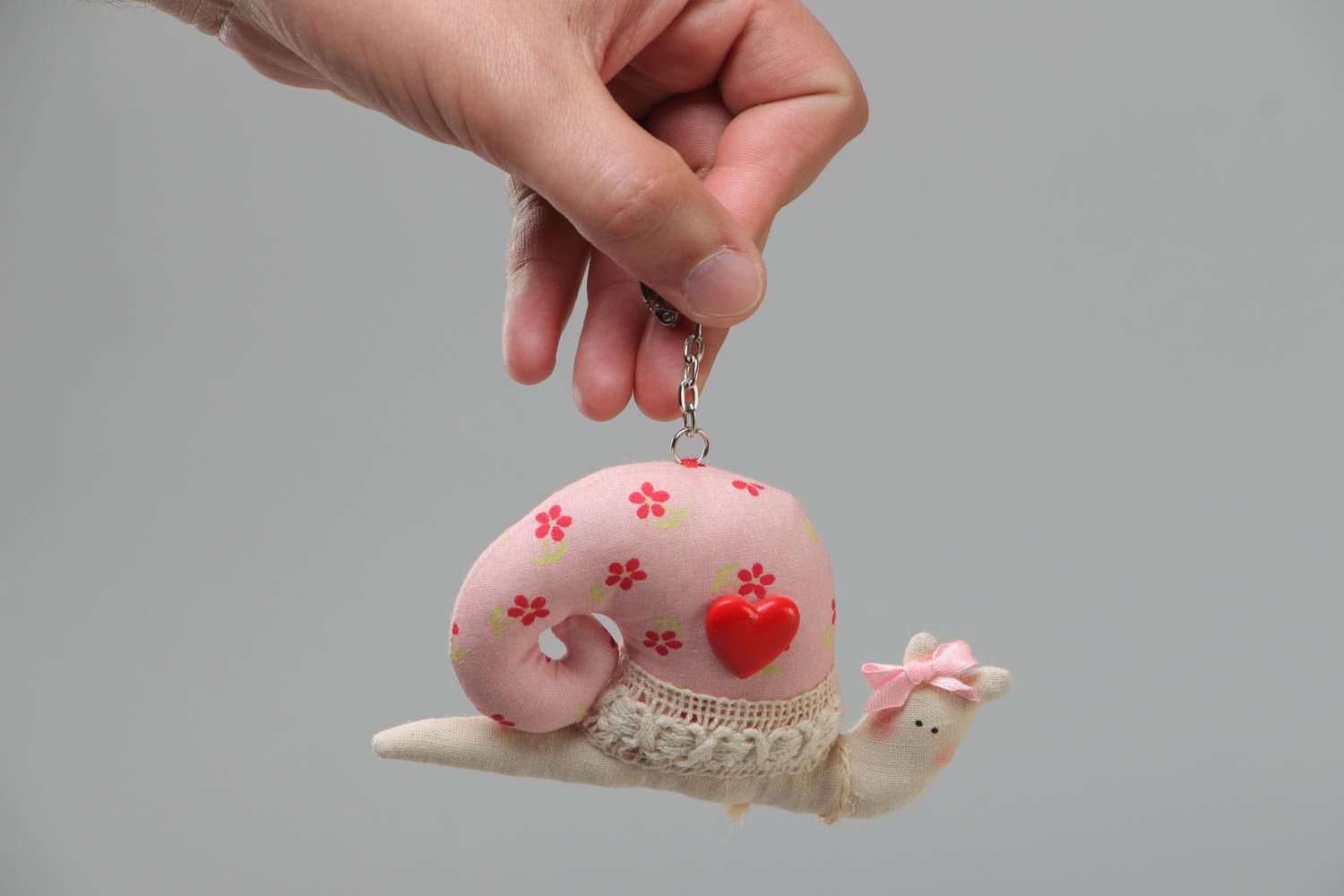 Handmade cotton fabric soft toy keychain in the shape of small snail of pink color photo 5