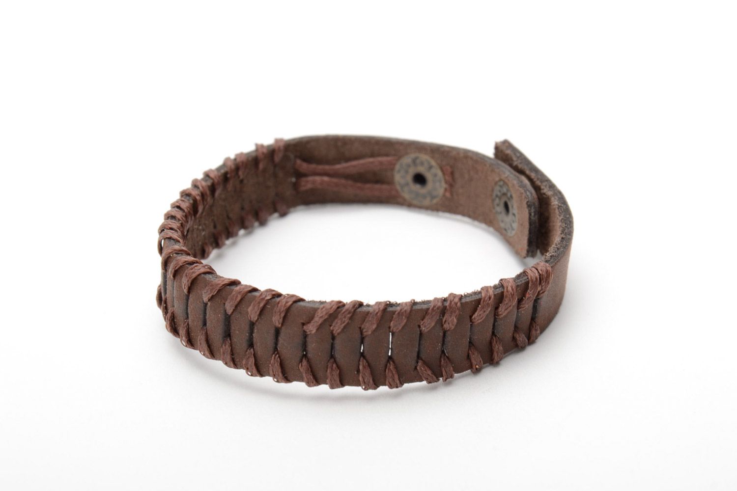 Handmade laconic brown genuine leather bracelet with metal rivets unisex photo 3
