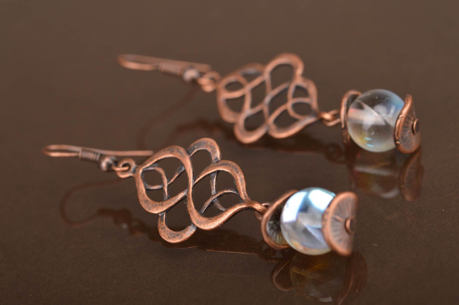 Handmade openwork stylish beautiful long earrings made of metal with beads photo 3