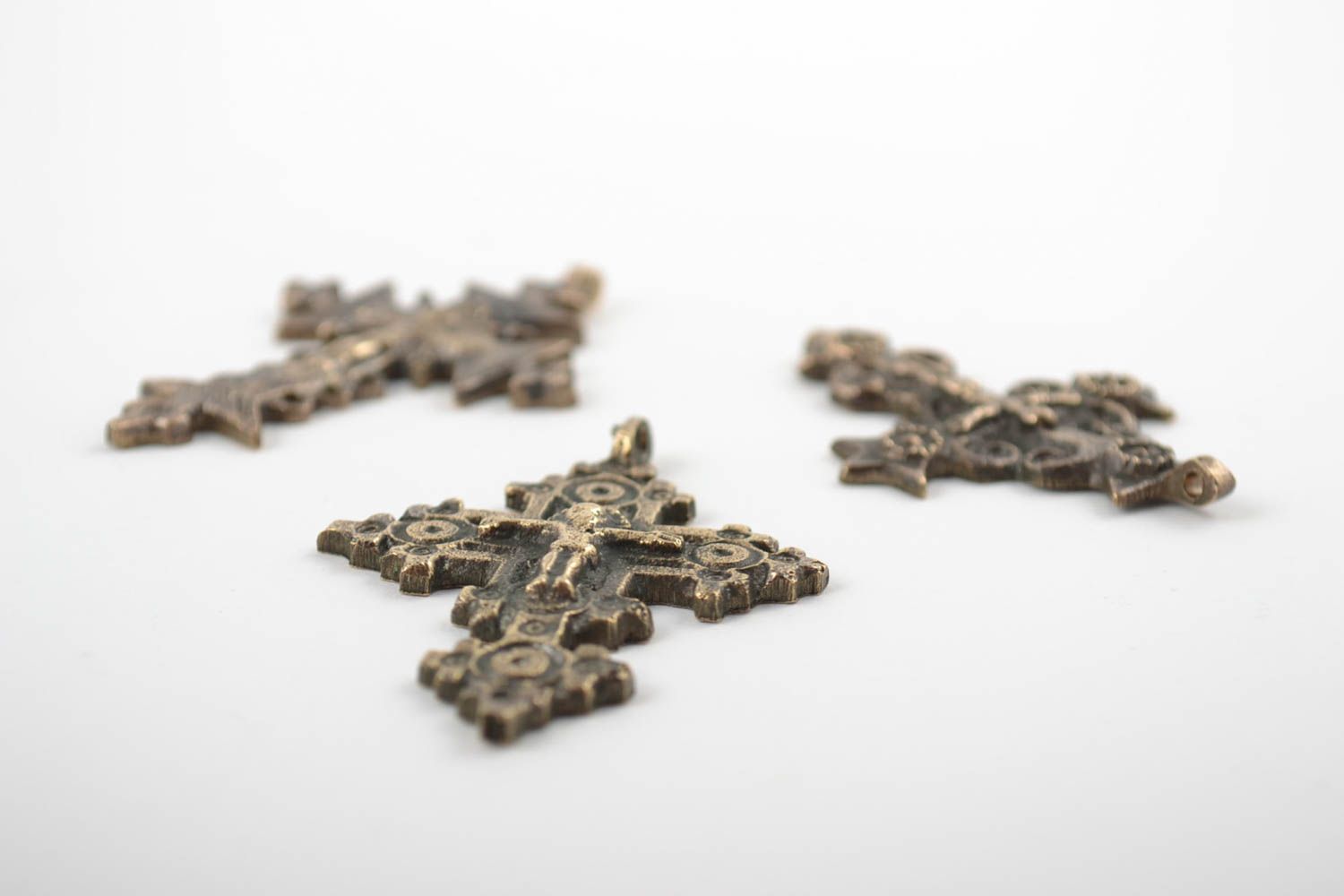Set of 3 handmade fancy cross pendants cast of bronze of different shapes  photo 6