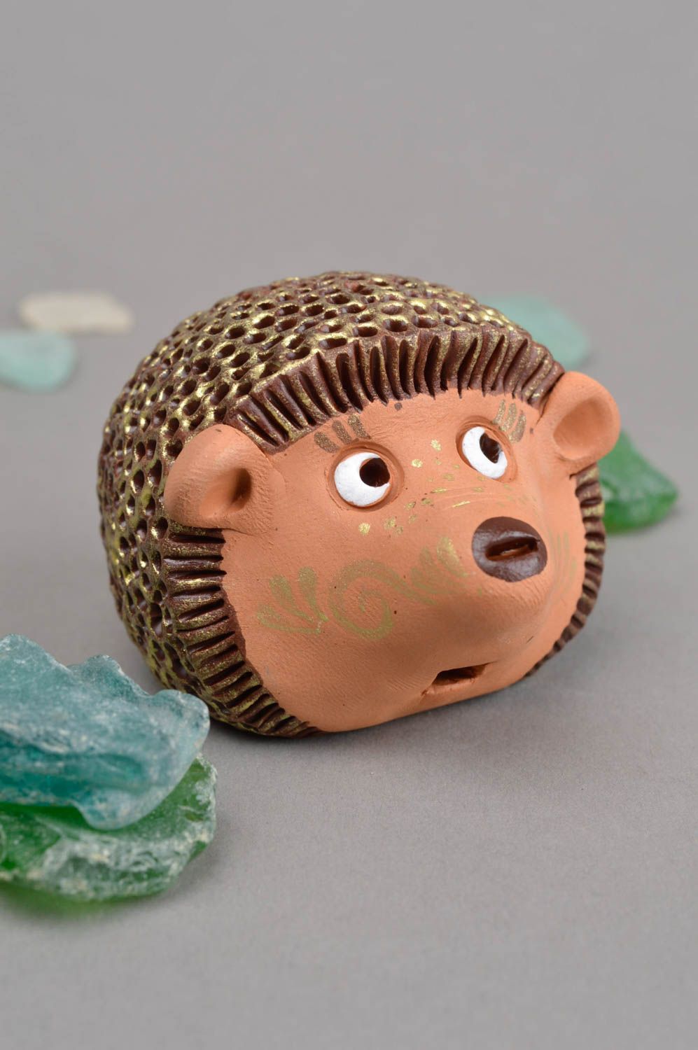 Handmade cute penny whistle toy in shape of hedgehog bright clay souvenir photo 1