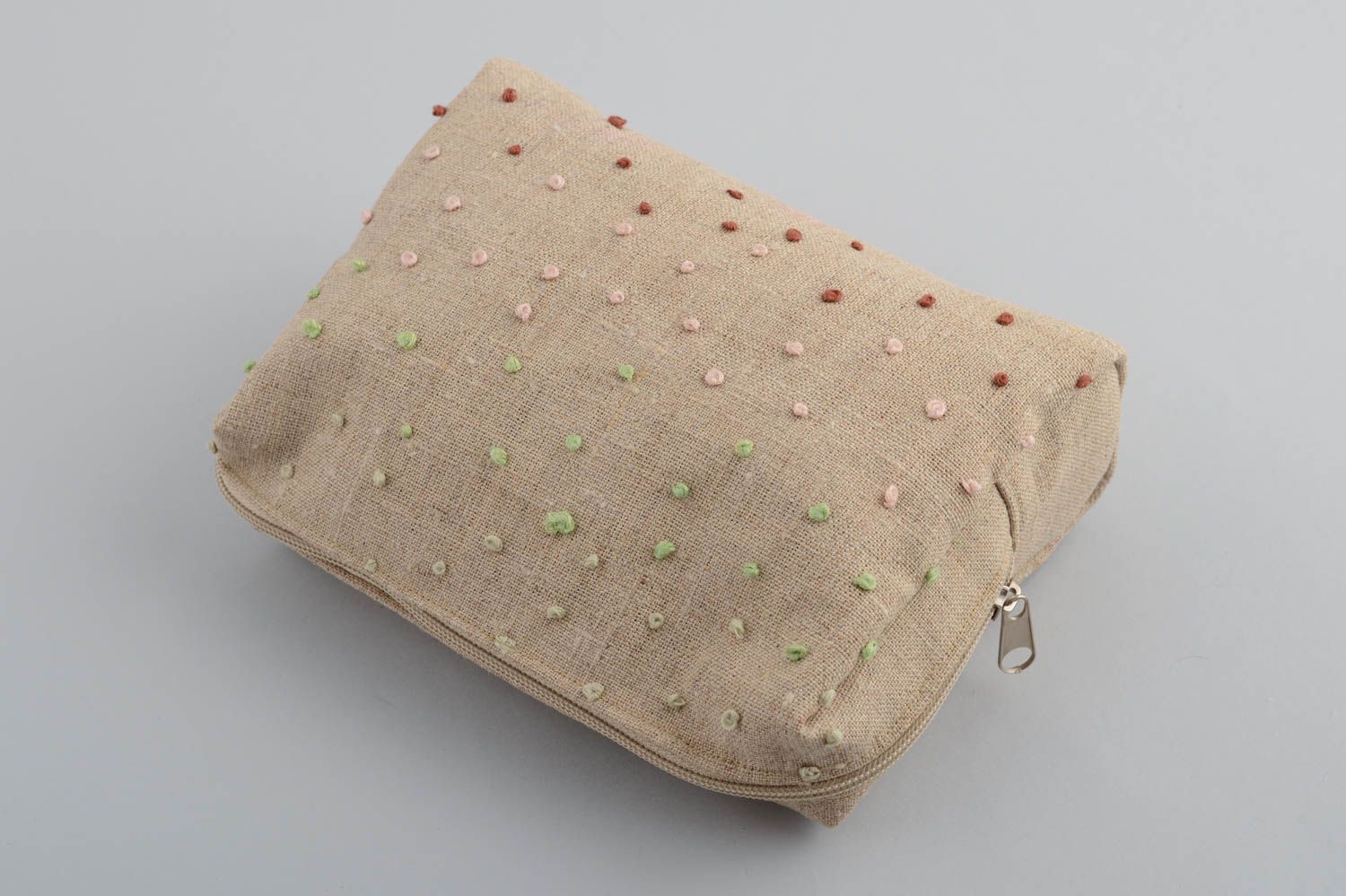 Handmade designer gray sailcloth cosmetics bag with embroidered dots and zipper photo 3