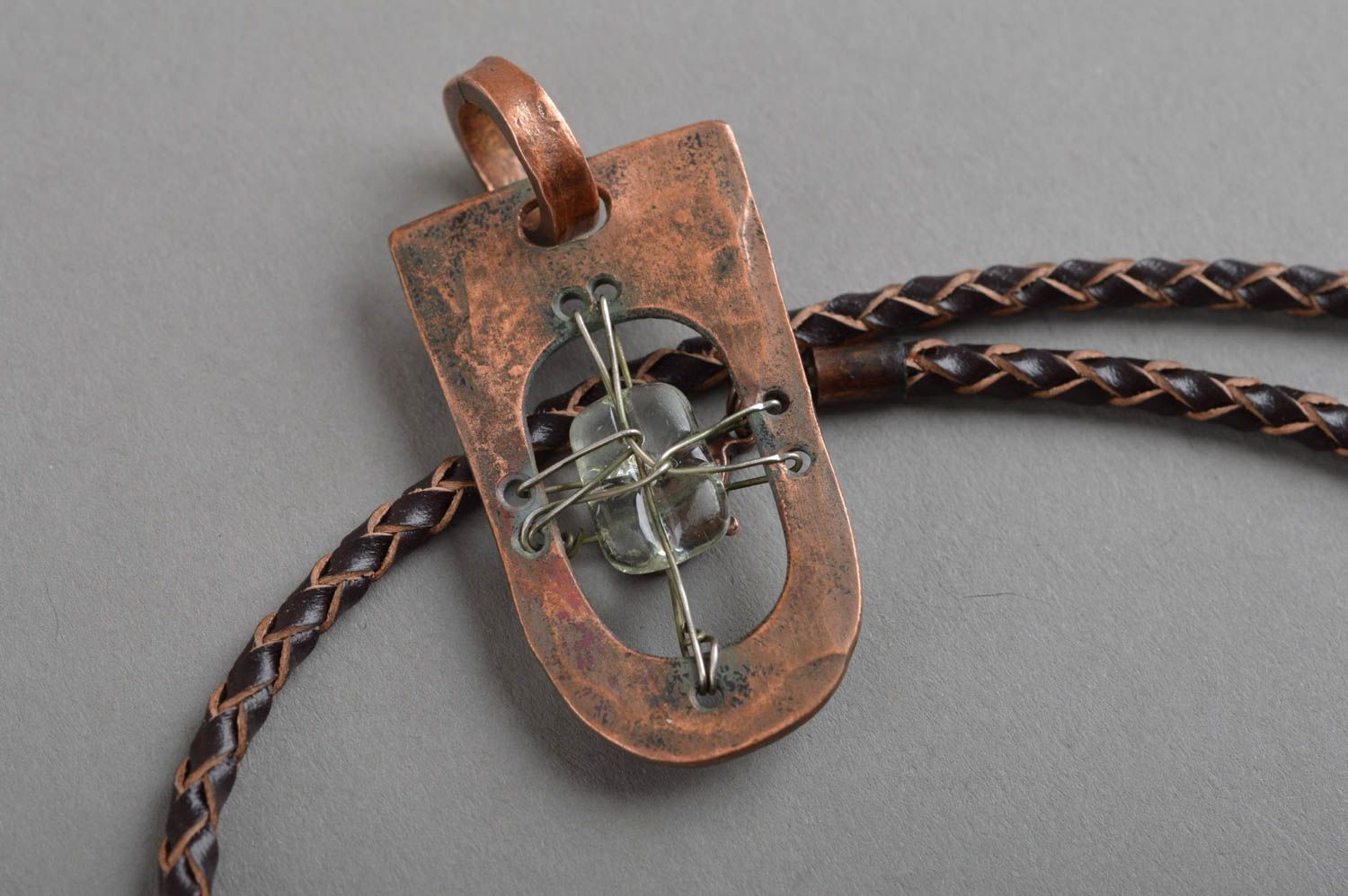 Unusual accessory for fashionistas handmade stylish copper pendant on lace photo 5